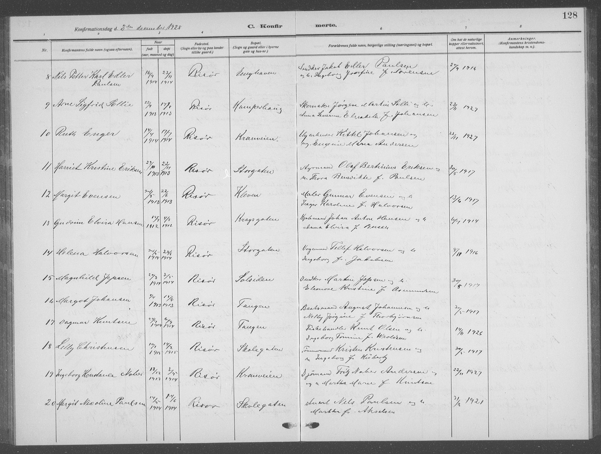 Risør sokneprestkontor, AV/SAK-1111-0035/F/Fb/L0009: Parish register (copy) no. B 9, 1922-1939, p. 128