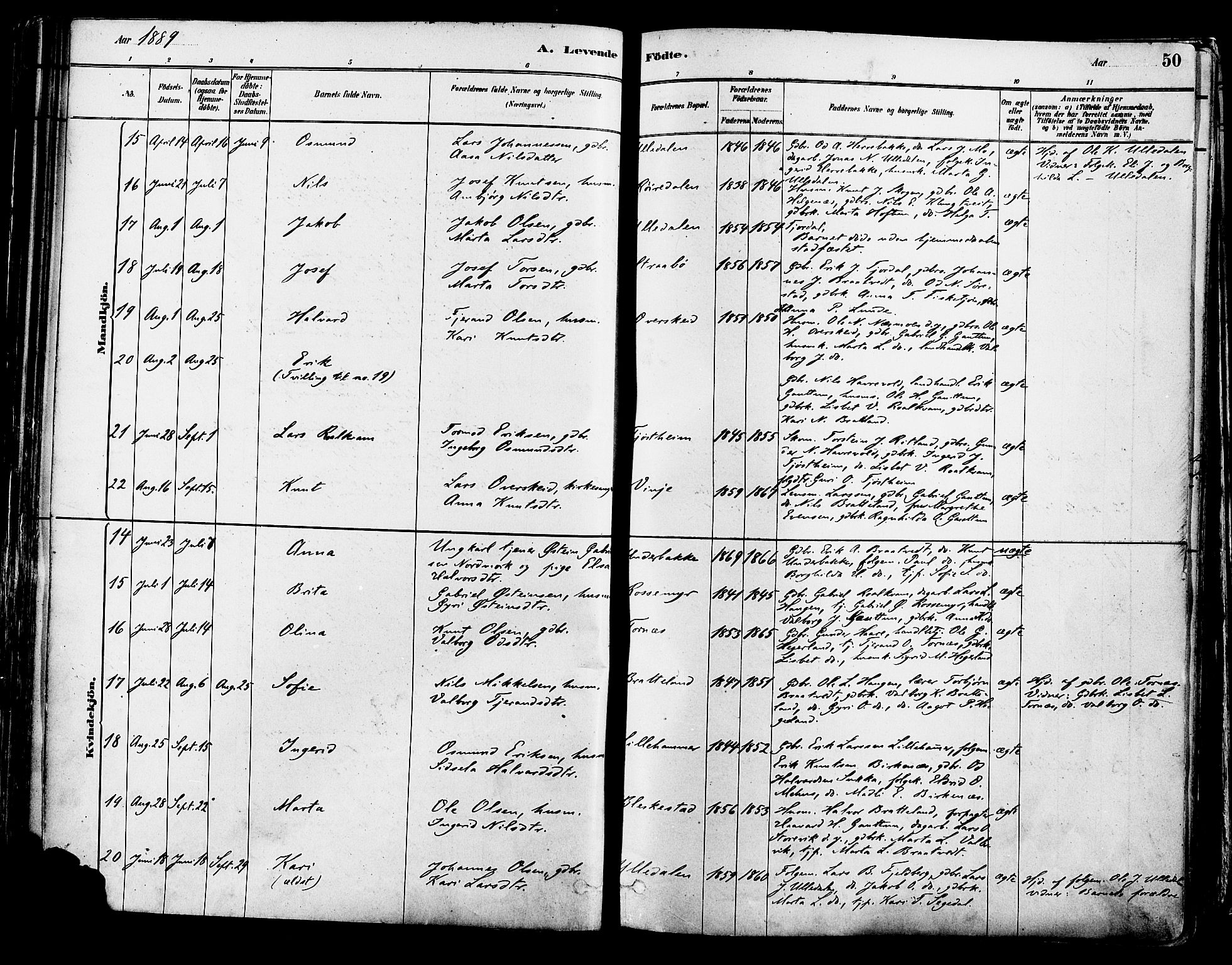 Suldal sokneprestkontor, AV/SAST-A-101845/01/IV/L0011: Parish register (official) no. A 11, 1878-1900, p. 50