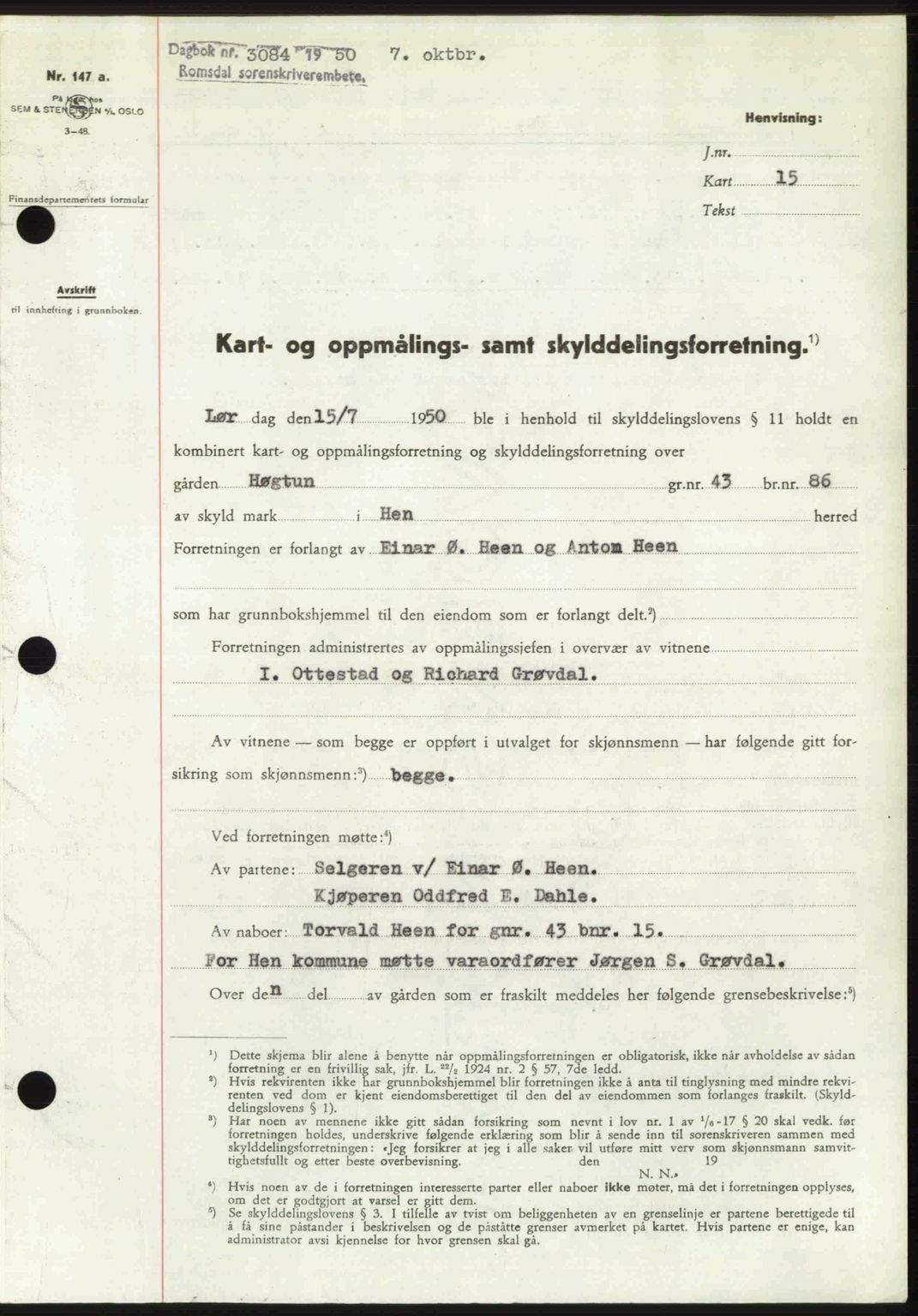 Romsdal sorenskriveri, AV/SAT-A-4149/1/2/2C: Mortgage book no. A34, 1950-1950, Diary no: : 3084/1950