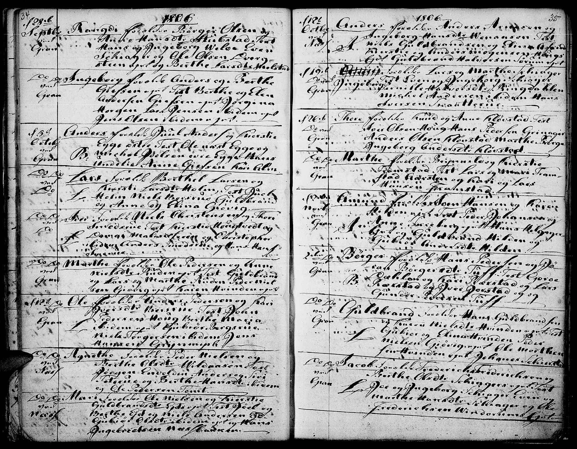 Gran prestekontor, SAH/PREST-112/H/Ha/Haa/L0007: Parish register (official) no. 7, 1804-1815, p. 34-35