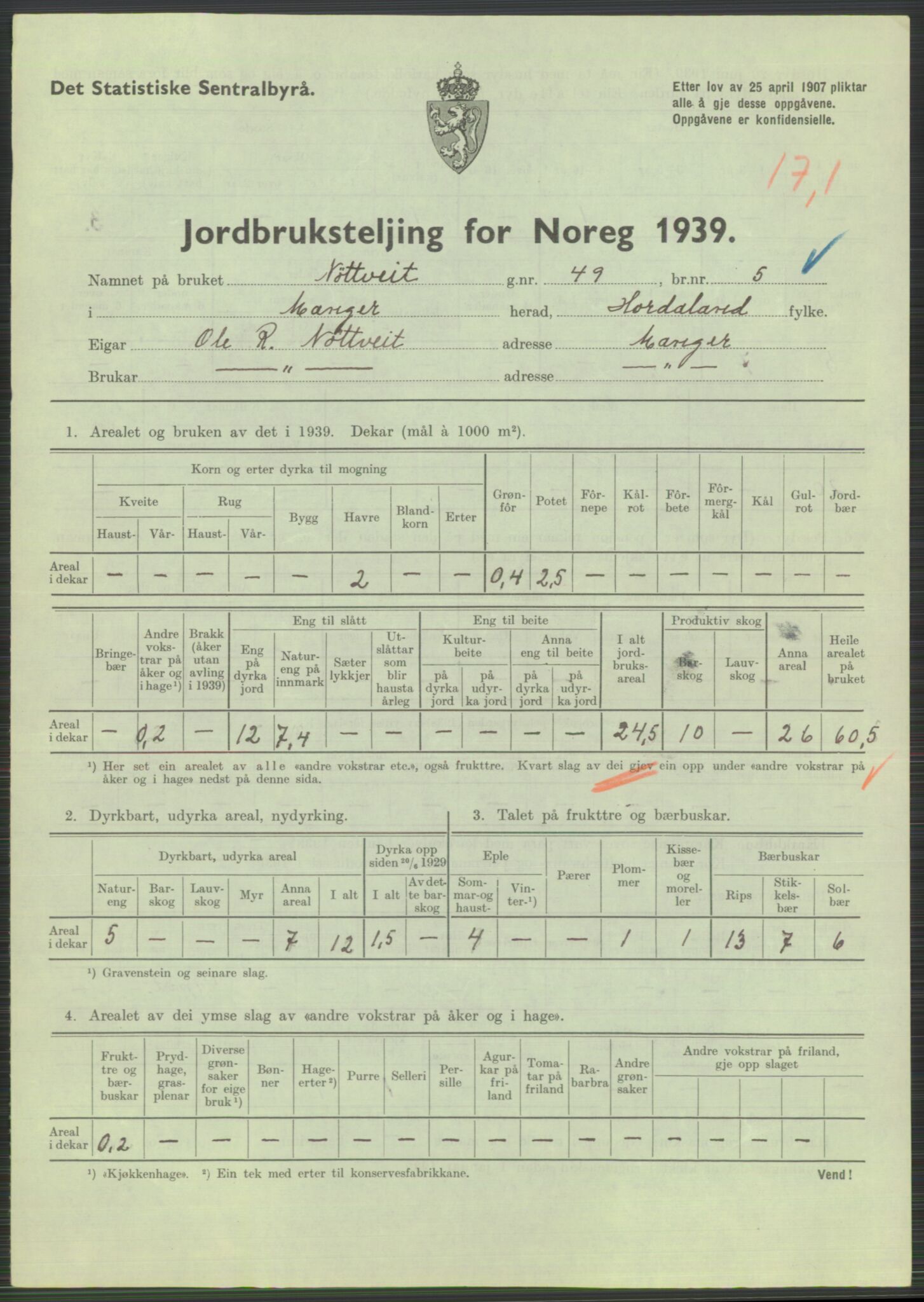 Statistisk sentralbyrå, Næringsøkonomiske emner, Jordbruk, skogbruk, jakt, fiske og fangst, AV/RA-S-2234/G/Gb/L0211: Hordaland: Herdla, Hjelme og Manger, 1939, p. 1617