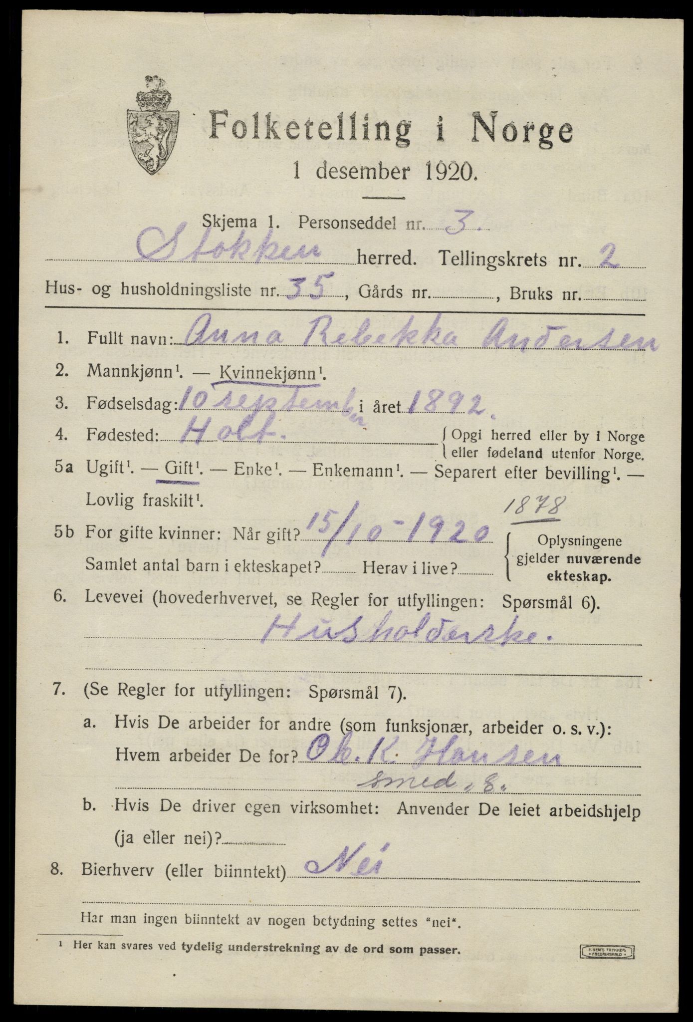 SAK, 1920 census for Stokken, 1920, p. 1906