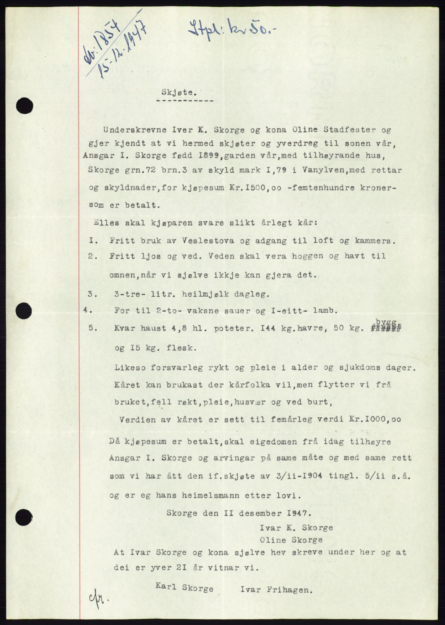 Søre Sunnmøre sorenskriveri, AV/SAT-A-4122/1/2/2C/L0081: Mortgage book no. 7A, 1947-1948, Diary no: : 1854/1947