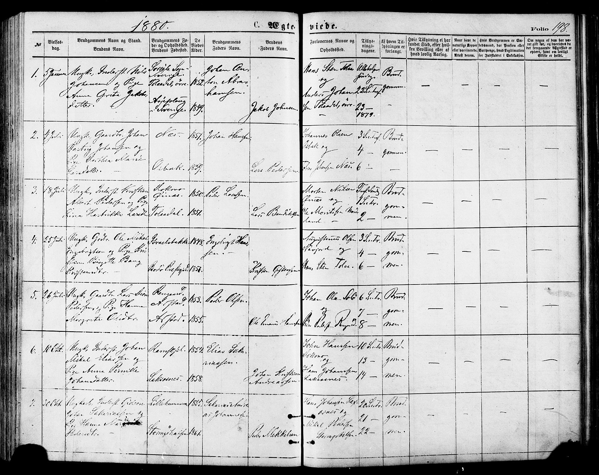 Ministerialprotokoller, klokkerbøker og fødselsregistre - Nordland, SAT/A-1459/846/L0645: Parish register (official) no. 846A03, 1872-1886, p. 198