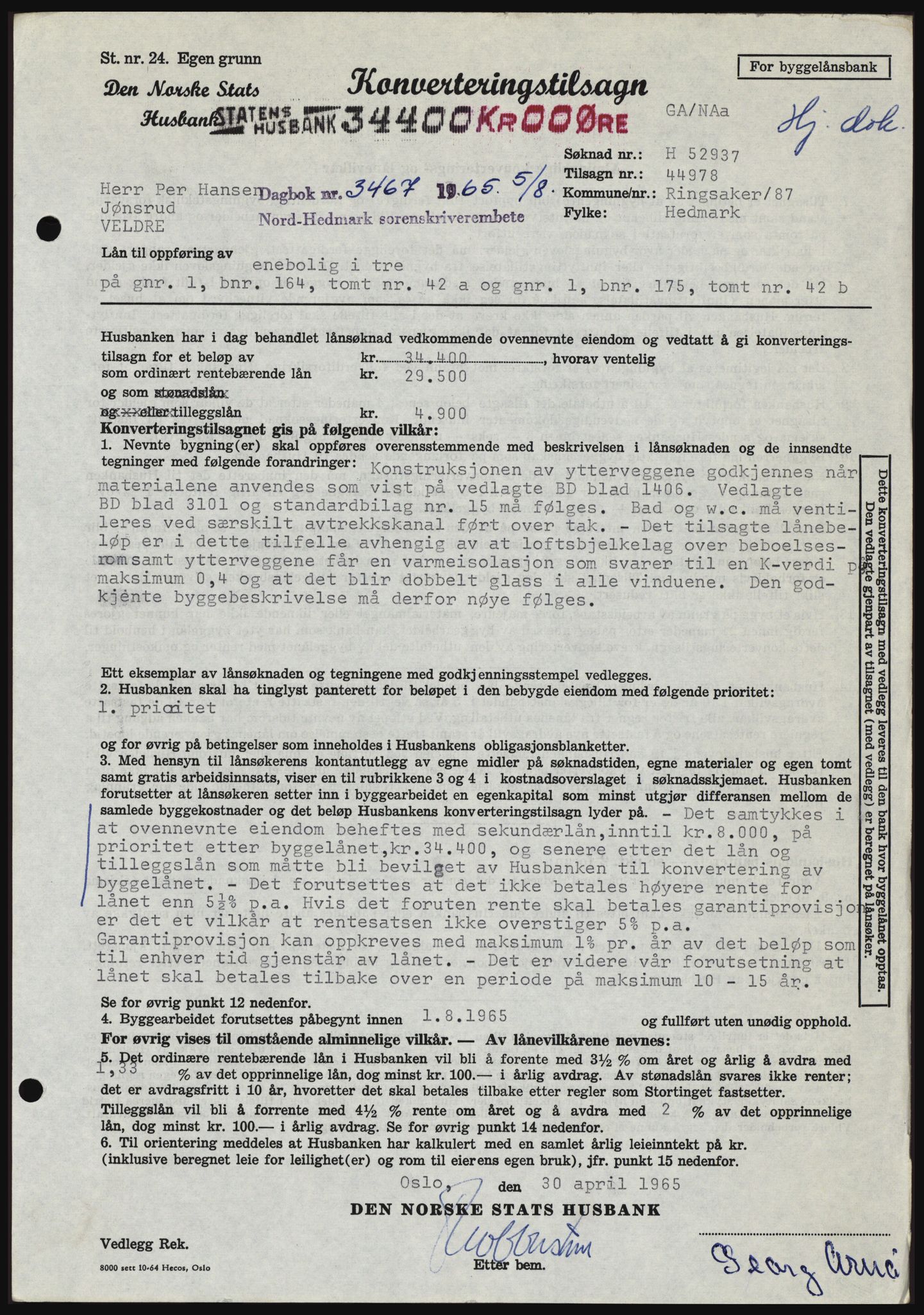 Nord-Hedmark sorenskriveri, SAH/TING-012/H/Hc/L0022: Mortgage book no. 22, 1965-1965, Diary no: : 3467/1965