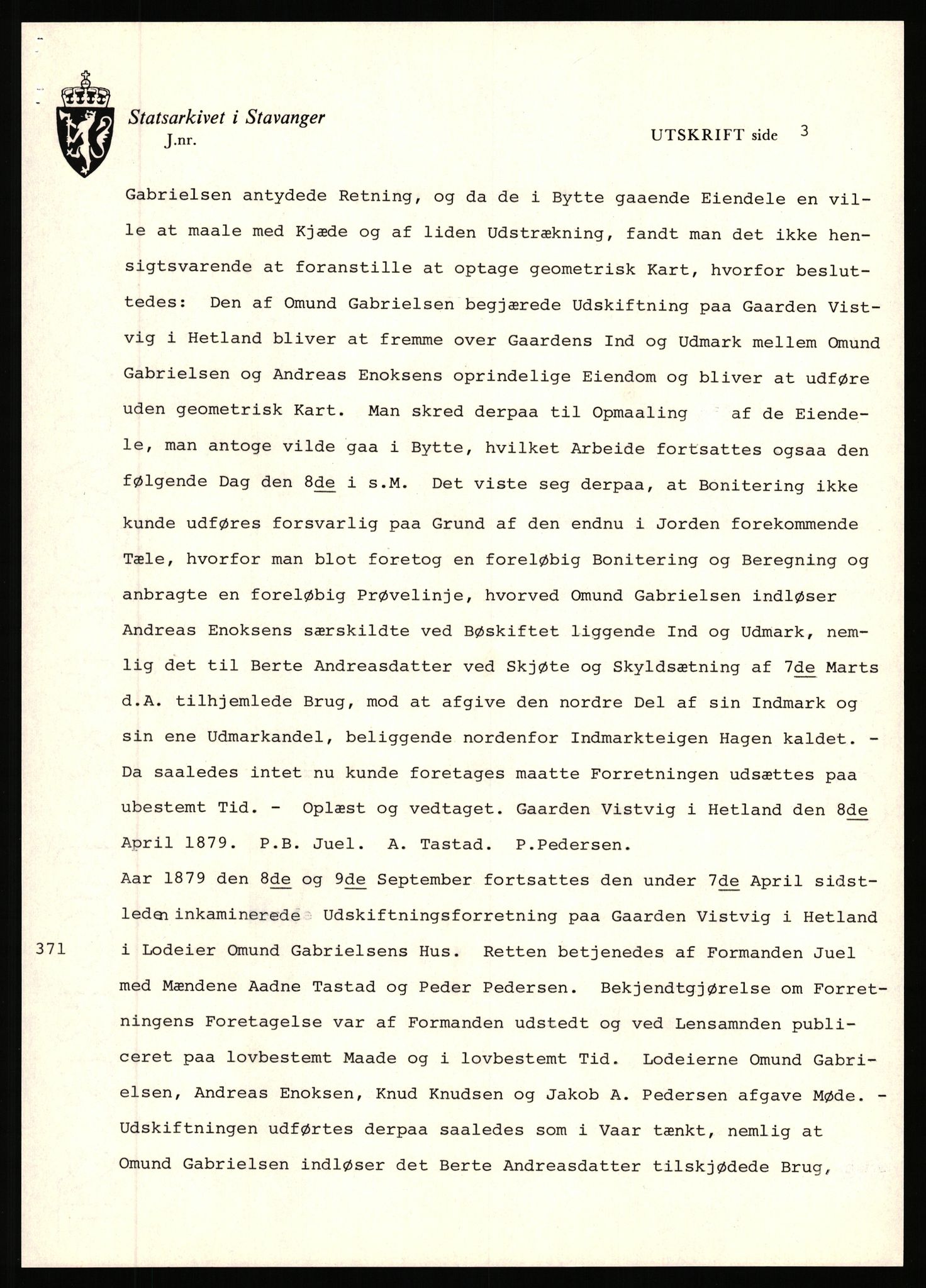 Statsarkivet i Stavanger, SAST/A-101971/03/Y/Yj/L0096: Avskrifter sortert etter gårdsnavn: Vistad - Vågen søndre, 1750-1930, p. 173