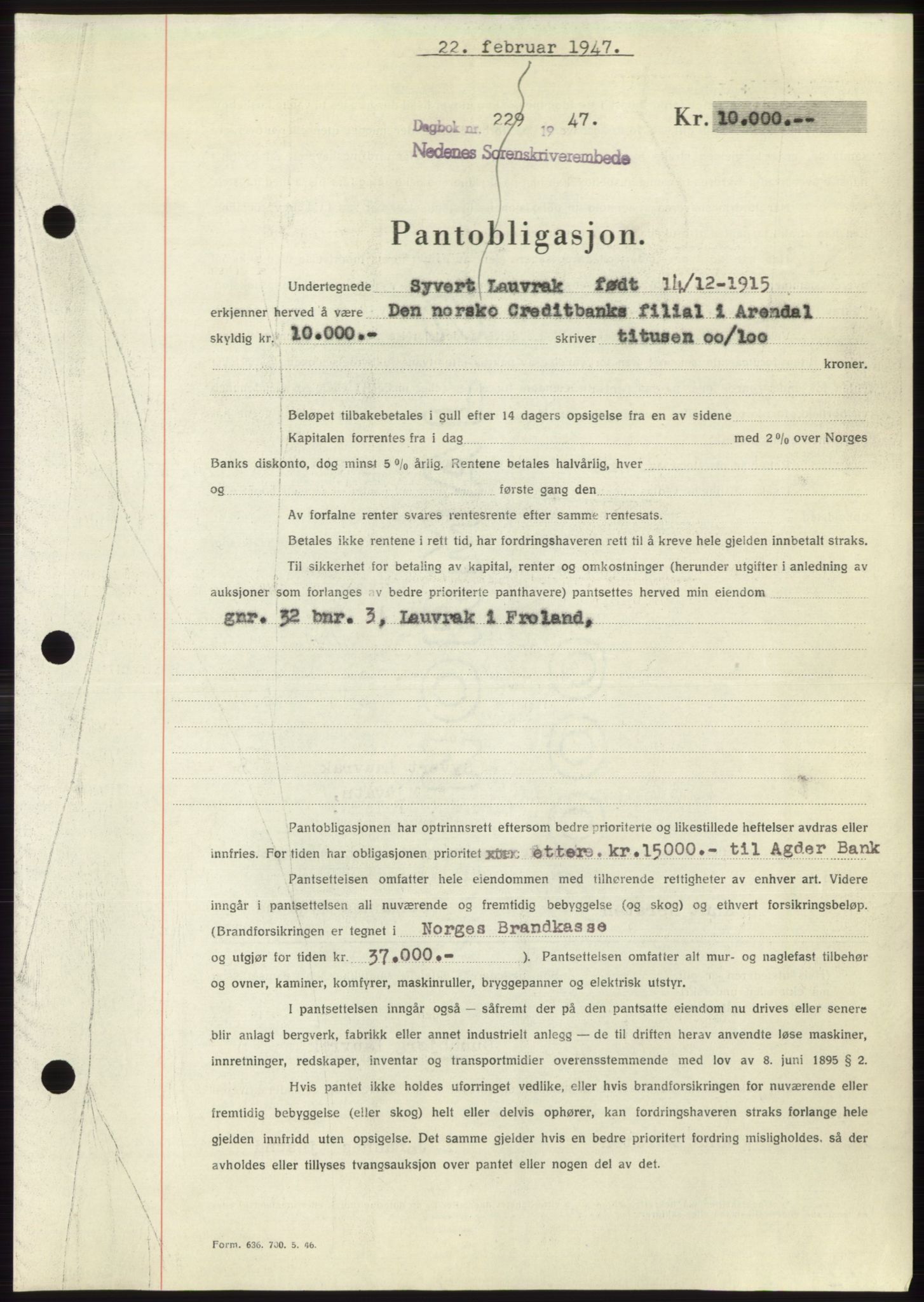 Nedenes sorenskriveri, AV/SAK-1221-0006/G/Gb/Gbb/L0004: Mortgage book no. B4, 1947-1947, Diary no: : 229/1947