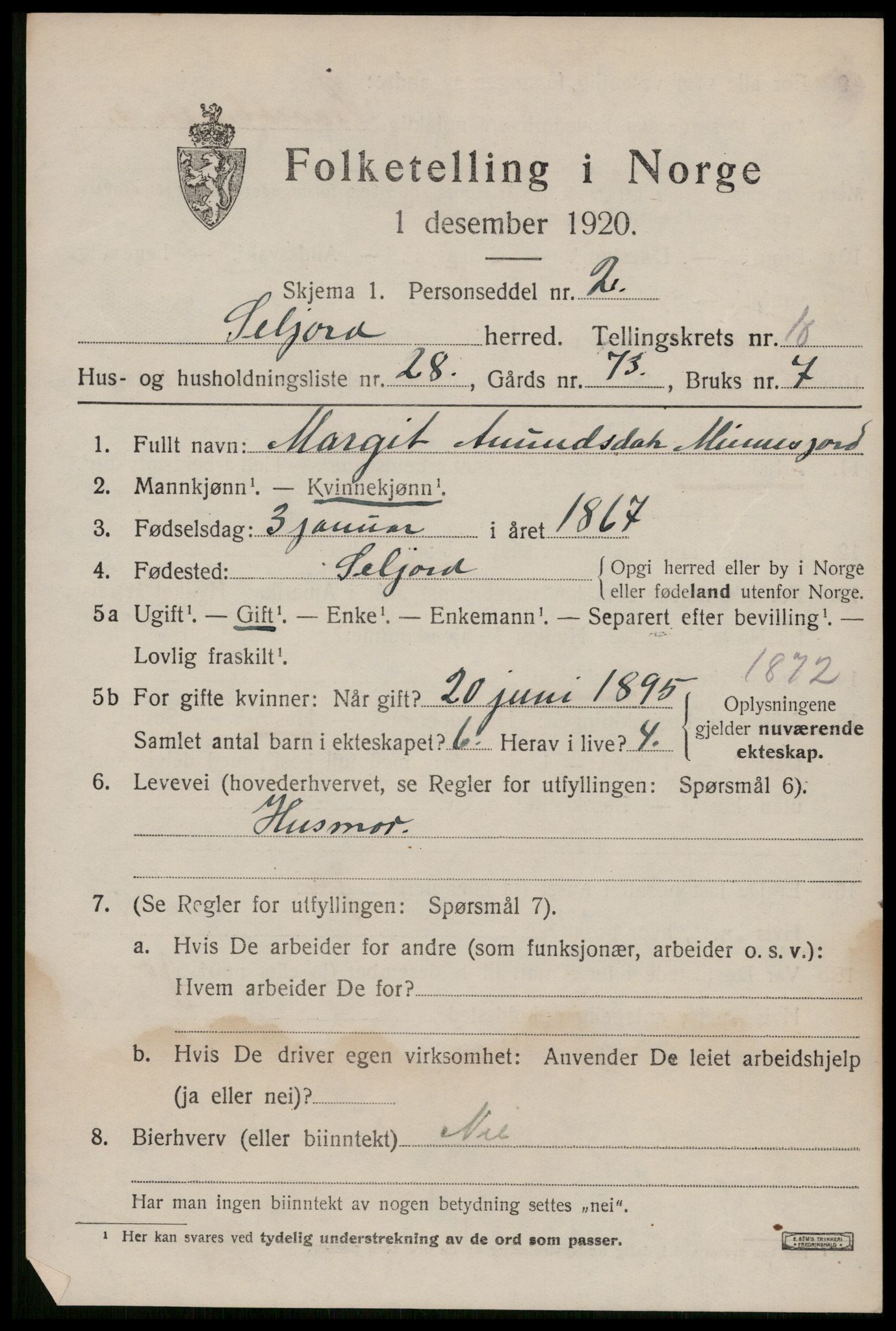 SAKO, 1920 census for Seljord, 1920, p. 5016