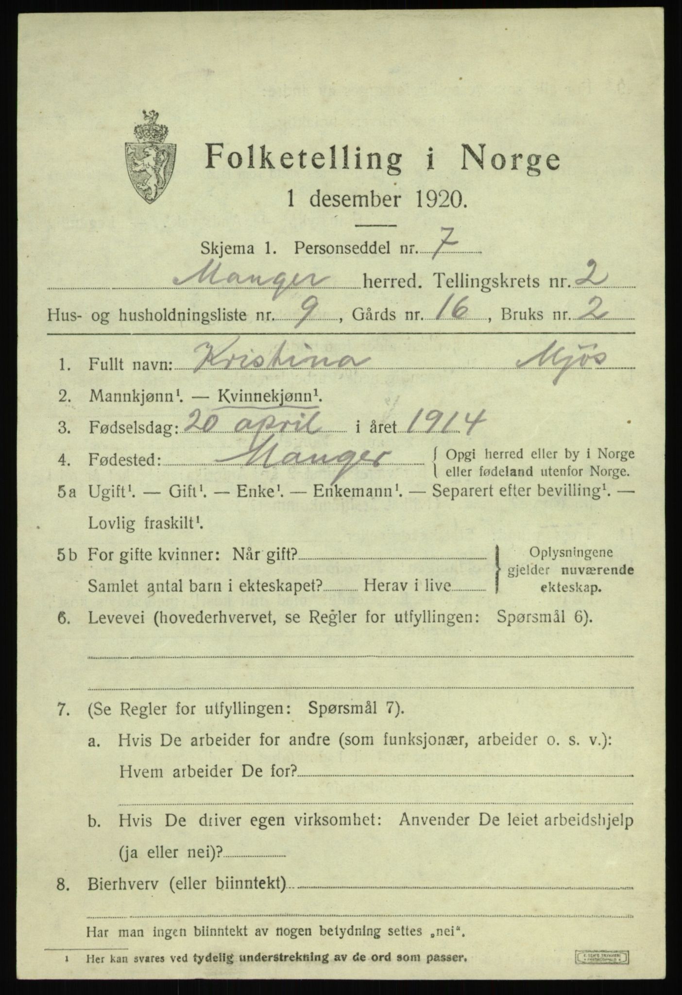 SAB, 1920 census for Manger, 1920, p. 2089