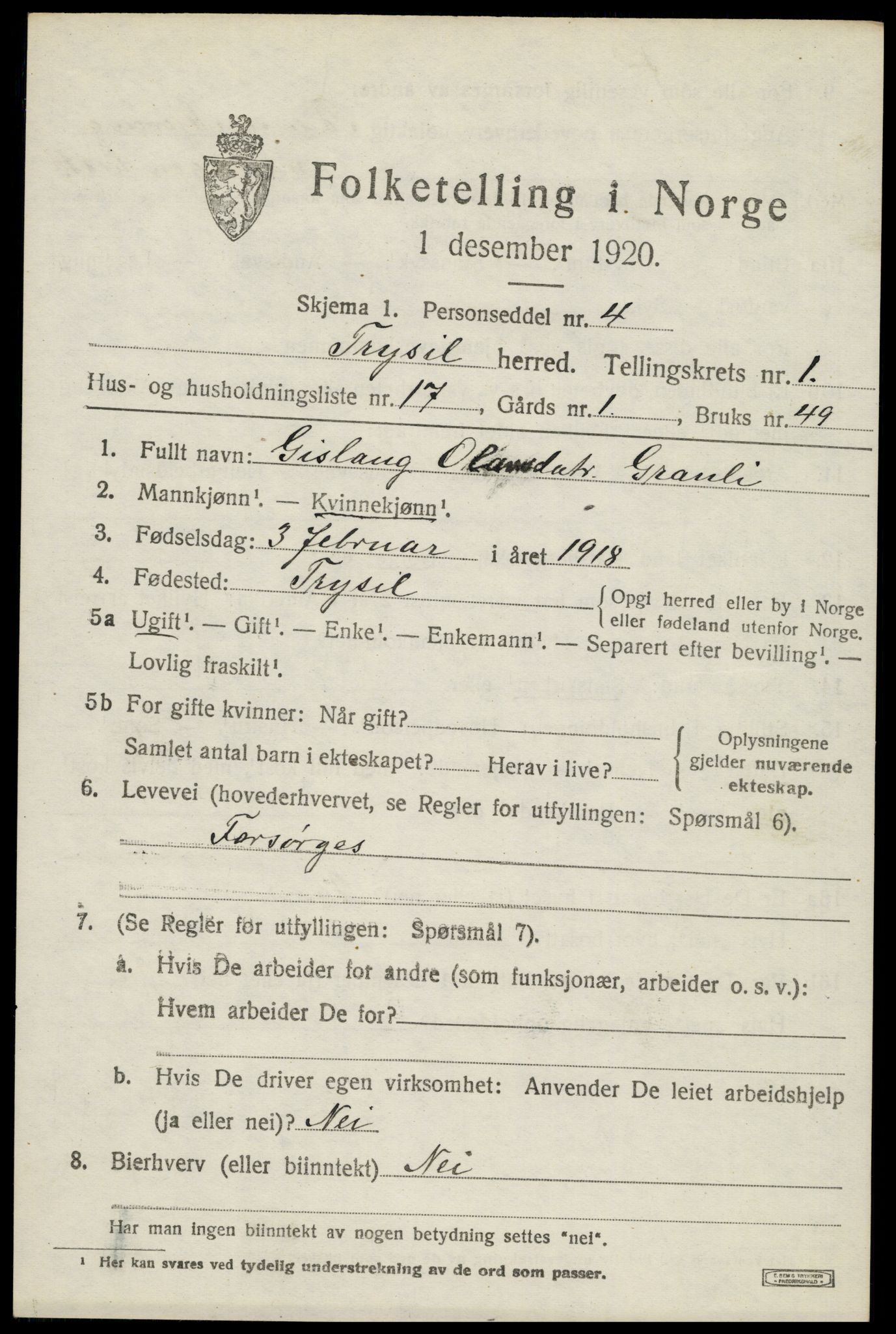 SAH, 1920 census for Trysil, 1920, p. 2755