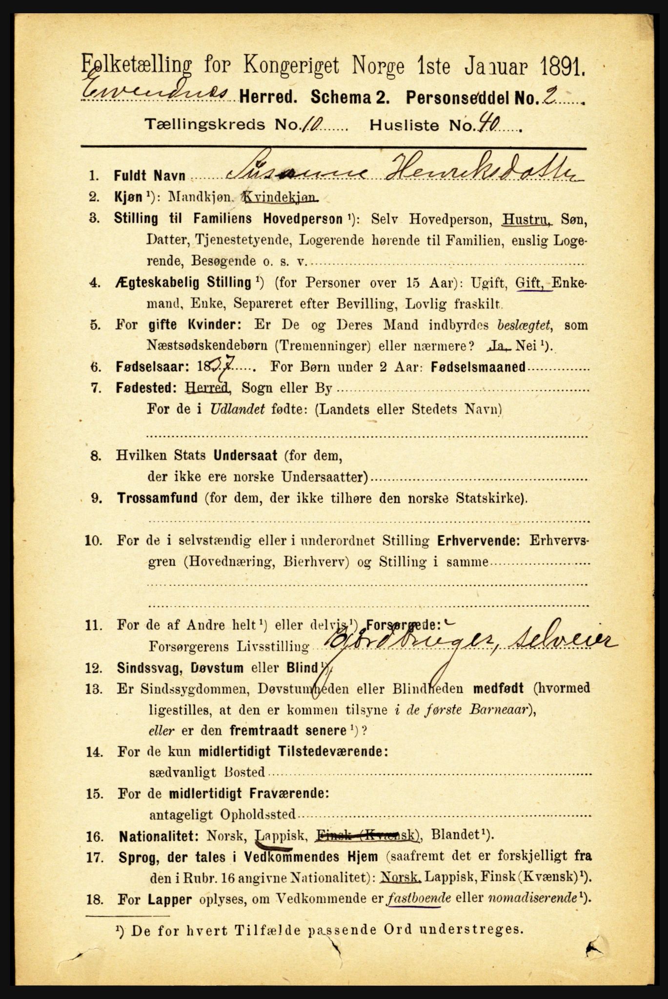 RA, 1891 census for 1853 Evenes, 1891, p. 3414