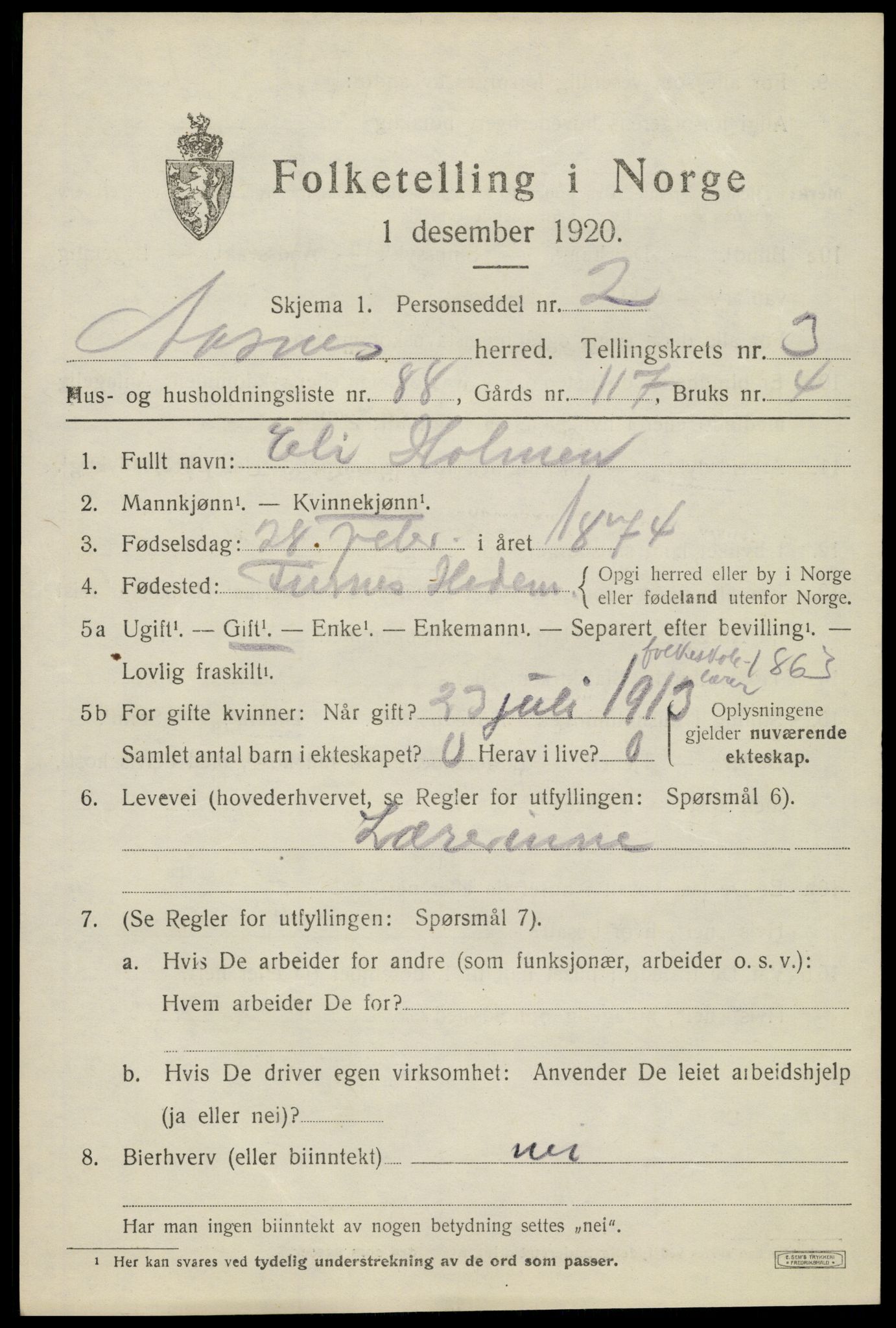 SAH, 1920 census for Åsnes, 1920, p. 4772