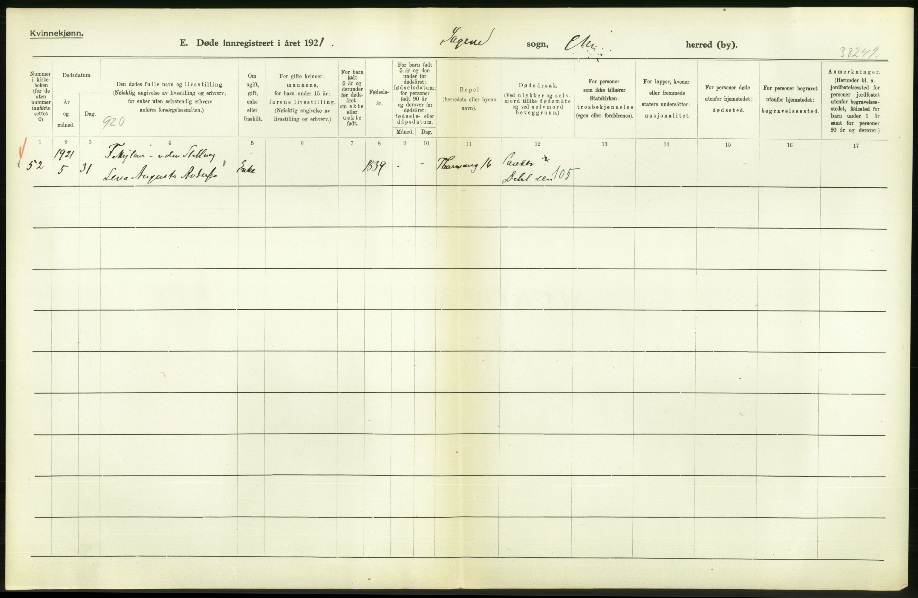 Statistisk sentralbyrå, Sosiodemografiske emner, Befolkning, AV/RA-S-2228/D/Df/Dfc/Dfca/L0013: Kristiania: Døde, dødfødte, 1921, p. 54