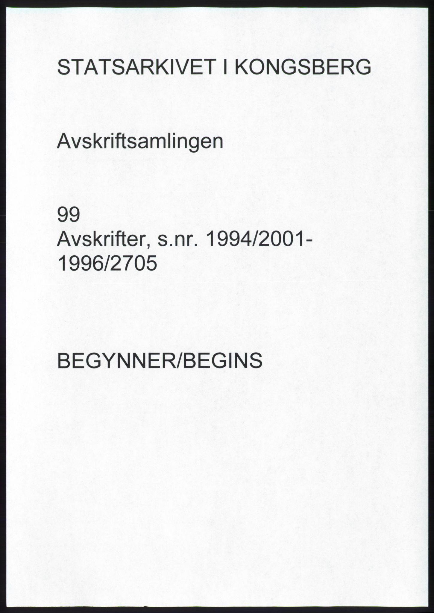Statsarkivet i Kongsberg, AV/SAKO-A-0001/E/Ee/L0099: Avskrifter, SAO jnr. 2010/1994 - 2553/1994 og SAKO snr. 1995/14 - 1996/2704, 1994-1996, p. 1