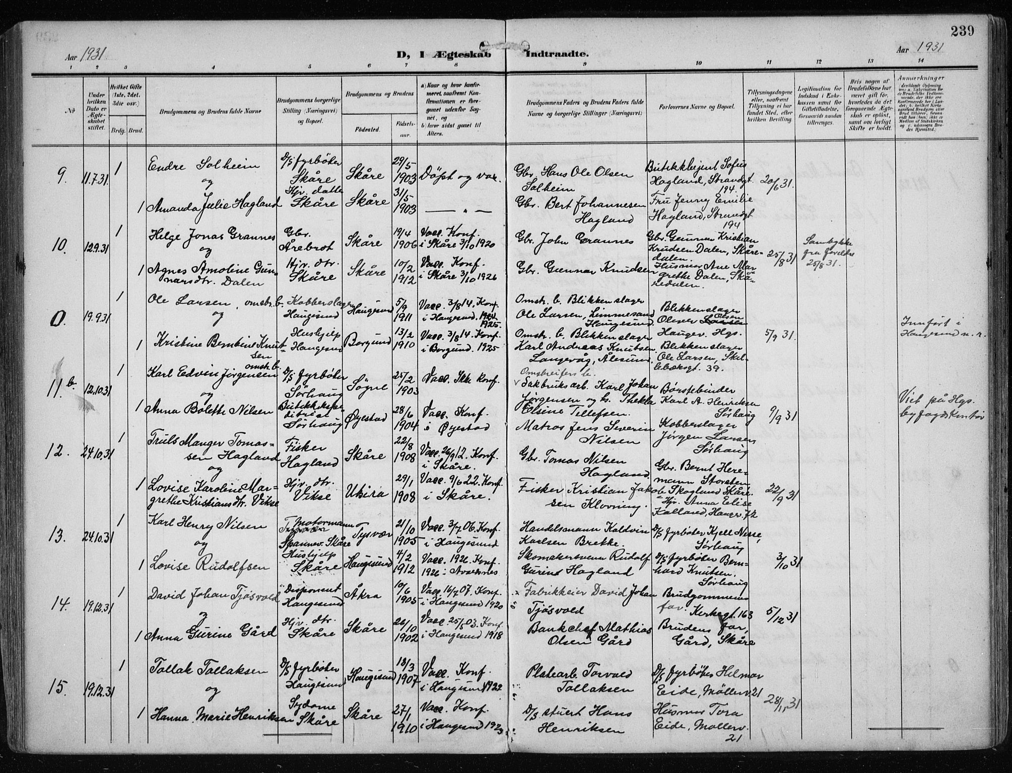 Haugesund sokneprestkontor, AV/SAST-A -101863/H/Ha/Haa/L0010: Parish register (official) no. A 10, 1909-1935, p. 239