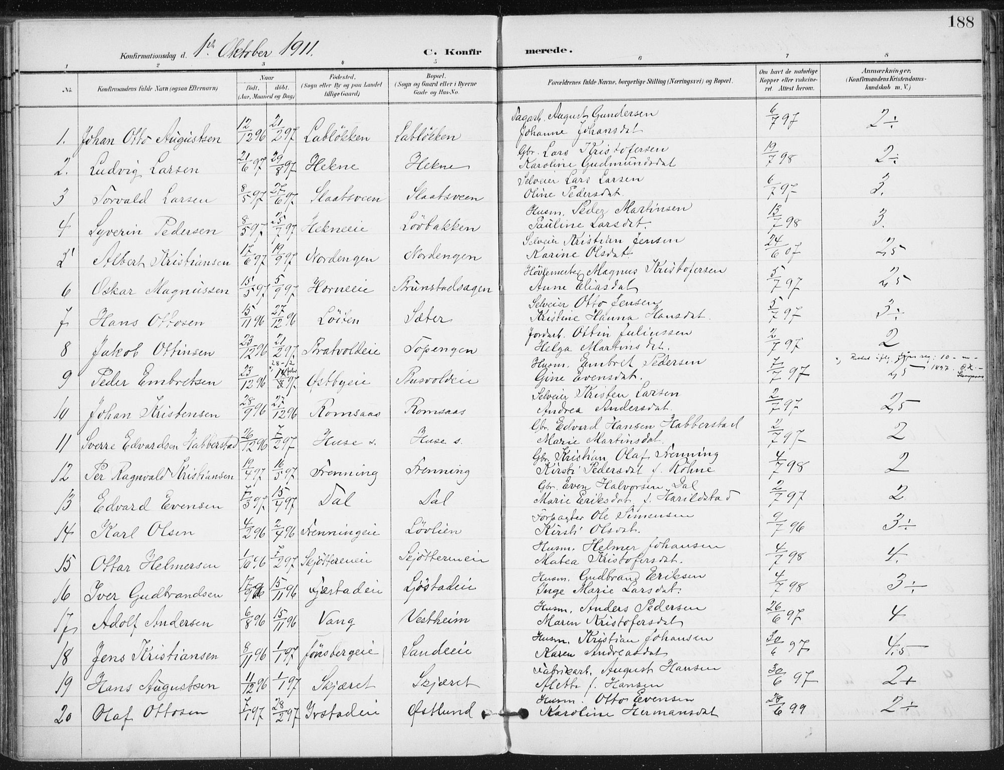 Romedal prestekontor, SAH/PREST-004/K/L0011: Parish register (official) no. 11, 1896-1912, p. 188
