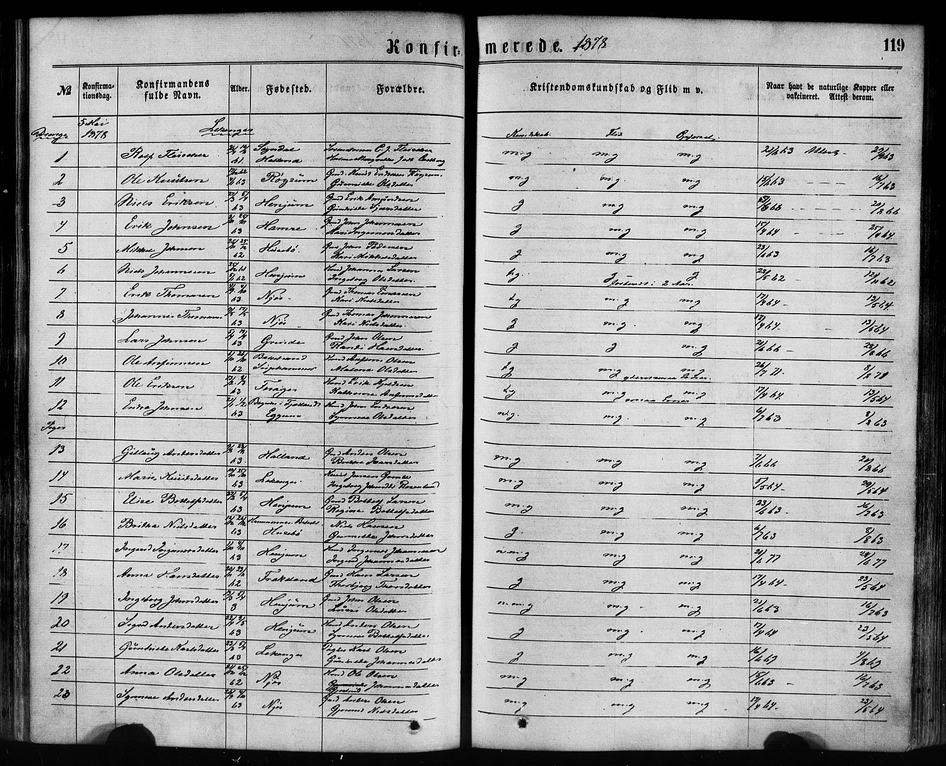 Leikanger sokneprestembete, SAB/A-81001: Parish register (official) no. A 9, 1869-1888, p. 119