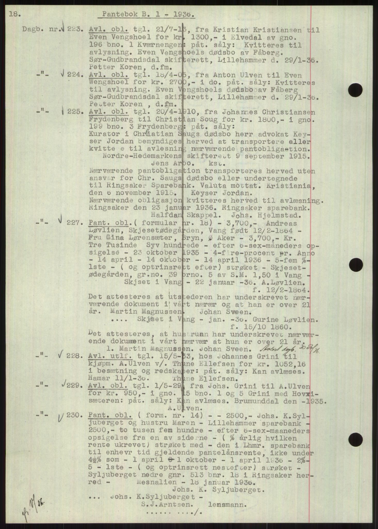Nord-Hedmark sorenskriveri, SAH/TING-012/H/Hb/Hbf/L0001: Mortgage book no. B1, 1936-1936, Diary no: : 223/1936