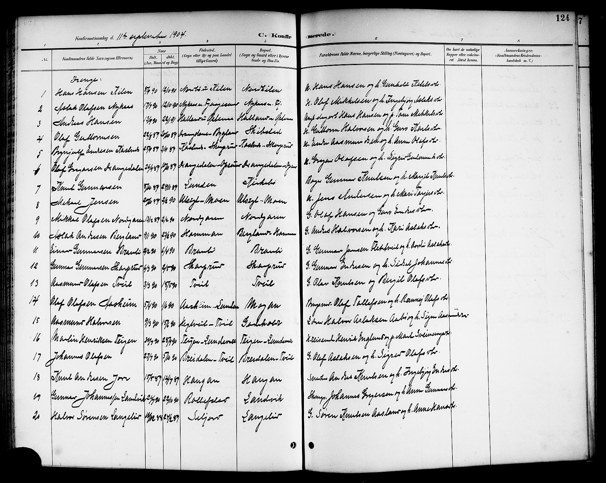 Kviteseid kirkebøker, SAKO/A-276/G/Ga/L0002: Parish register (copy) no. I 2, 1893-1918, p. 124