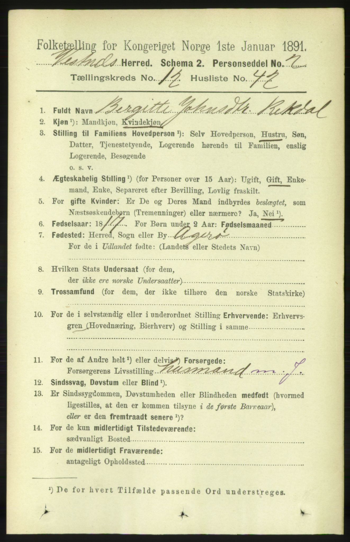 RA, 1891 census for 1535 Vestnes, 1891, p. 4650