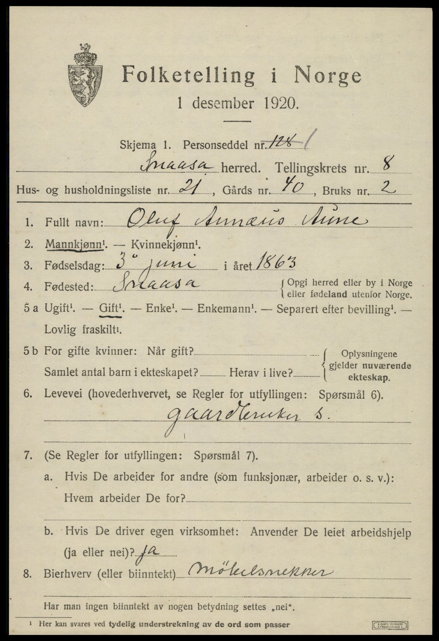 SAT, 1920 census for Snåsa, 1920, p. 3424
