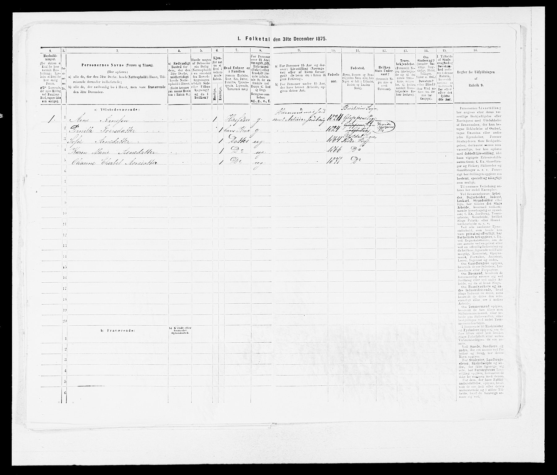 SAB, 1875 census for 1432P Førde, 1875, p. 1605