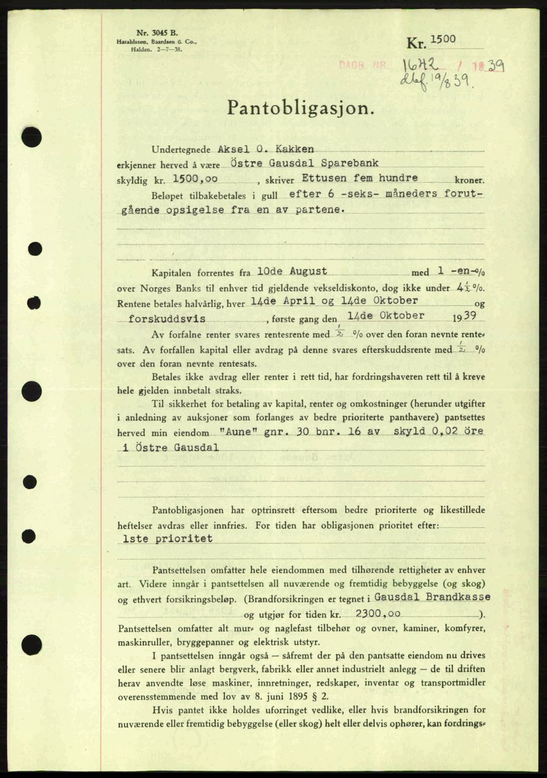 Sør-Gudbrandsdal tingrett, SAH/TING-004/H/Hb/Hbe/L0001: Mortgage book no. B1, 1936-1939, Diary no: : 1642/1939