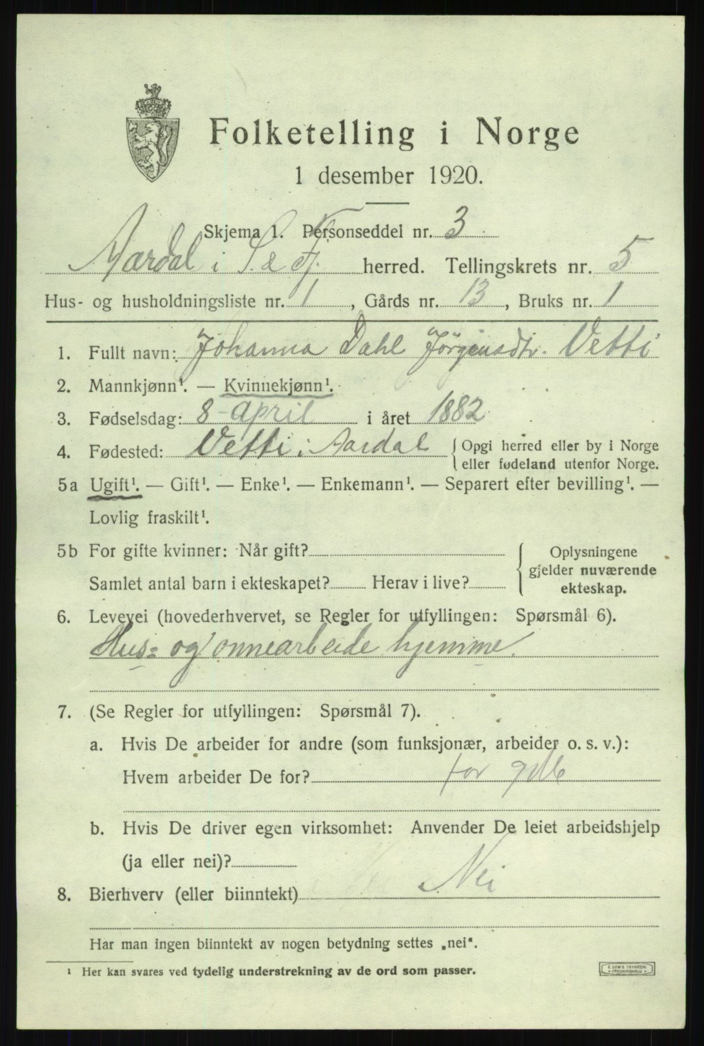 SAB, 1920 census for Årdal, 1920, p. 2783