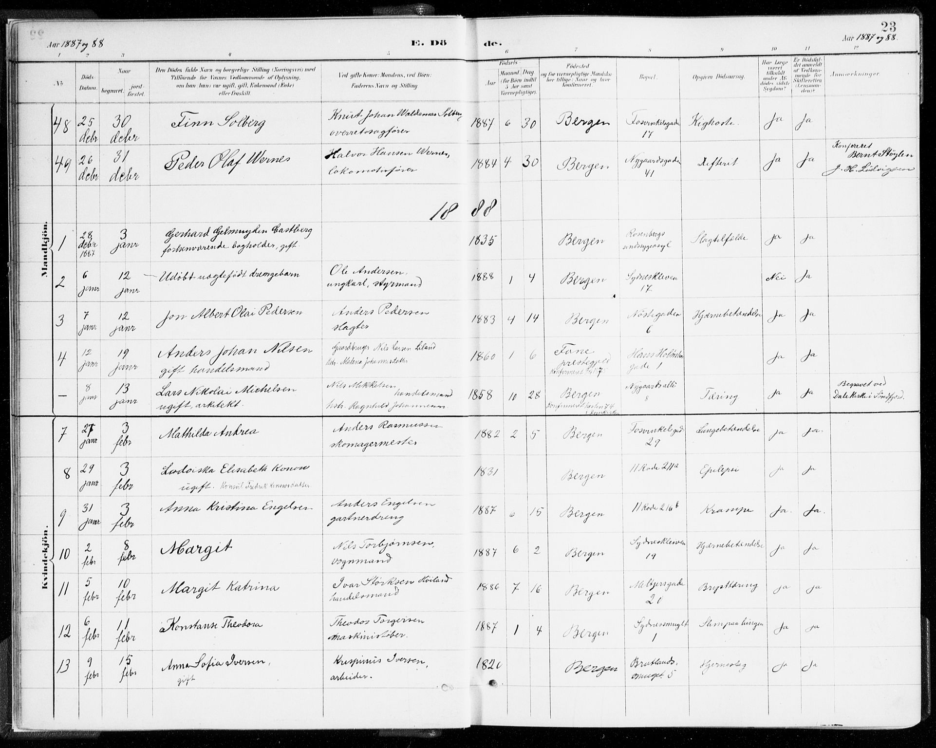 Johanneskirken sokneprestembete, SAB/A-76001/H/Haa/L0019: Parish register (official) no. E 1, 1885-1915, p. 23