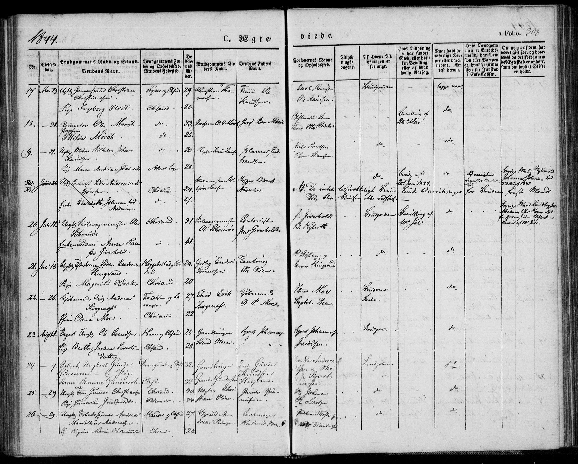 Kristiansand domprosti, SAK/1112-0006/F/Fa/L0013: Parish register (official) no. A 13, 1842-1851, p. 308