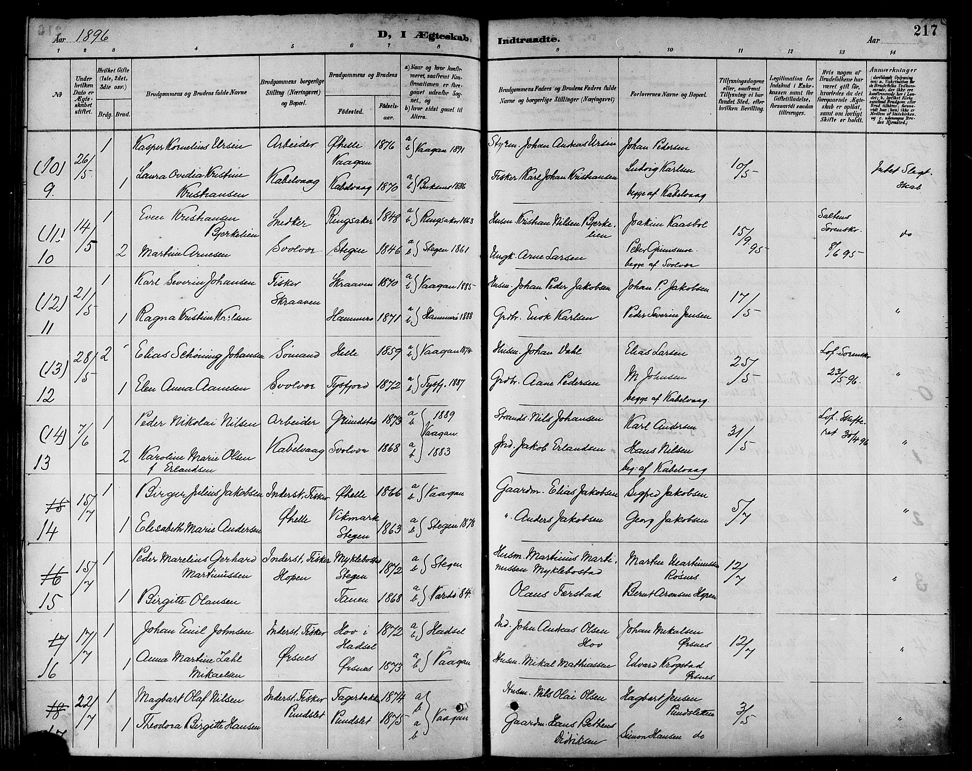 Ministerialprotokoller, klokkerbøker og fødselsregistre - Nordland, AV/SAT-A-1459/874/L1060: Parish register (official) no. 874A04, 1890-1899, p. 217