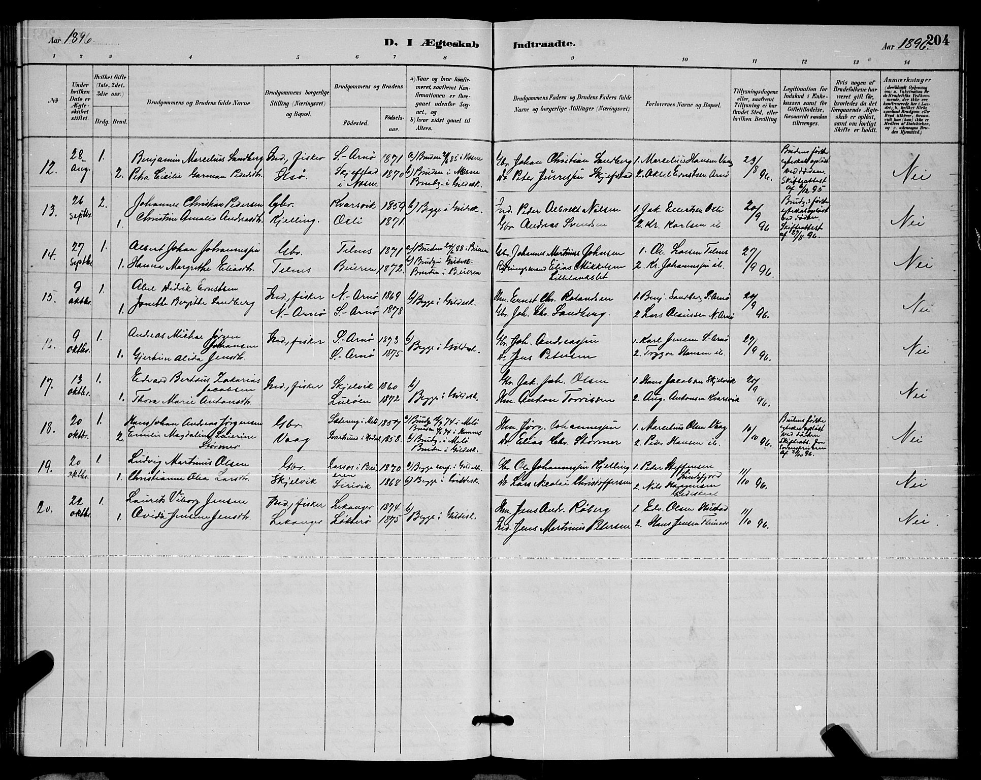 Ministerialprotokoller, klokkerbøker og fødselsregistre - Nordland, AV/SAT-A-1459/805/L0108: Parish register (copy) no. 805C04, 1885-1899, p. 204