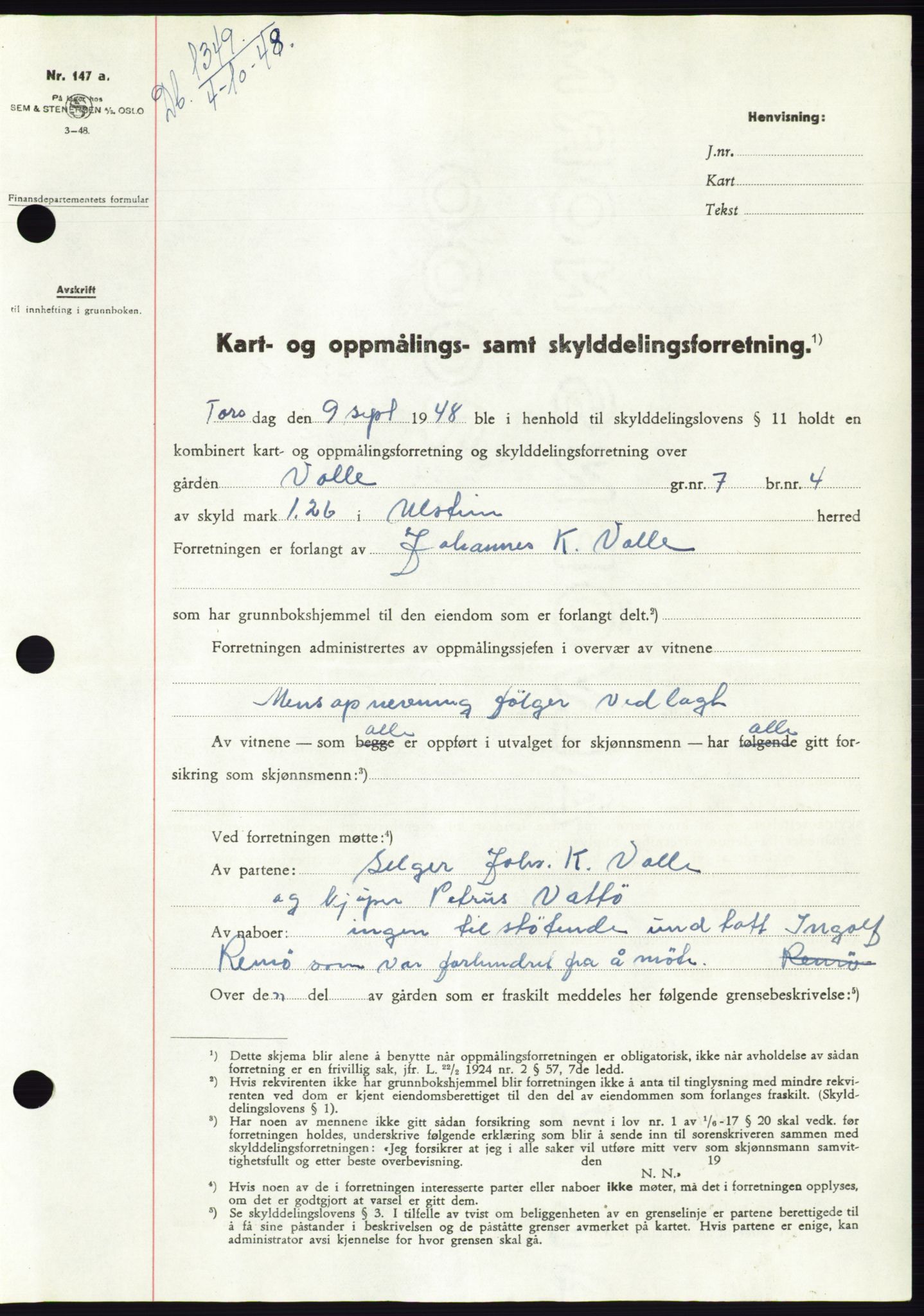 Søre Sunnmøre sorenskriveri, AV/SAT-A-4122/1/2/2C/L0083: Mortgage book no. 9A, 1948-1949, Diary no: : 1349/1948