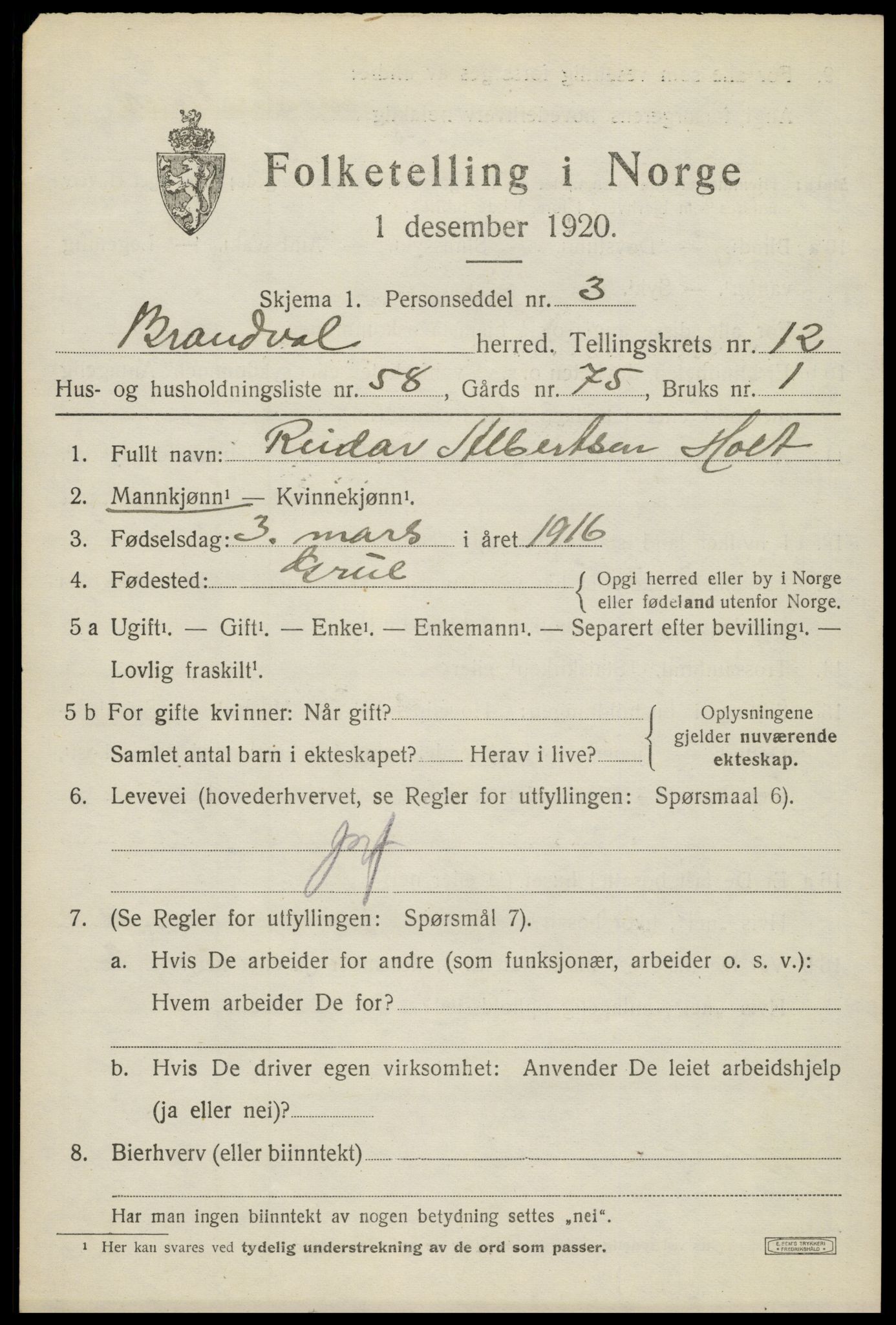 SAH, 1920 census for Brandval, 1920, p. 9134