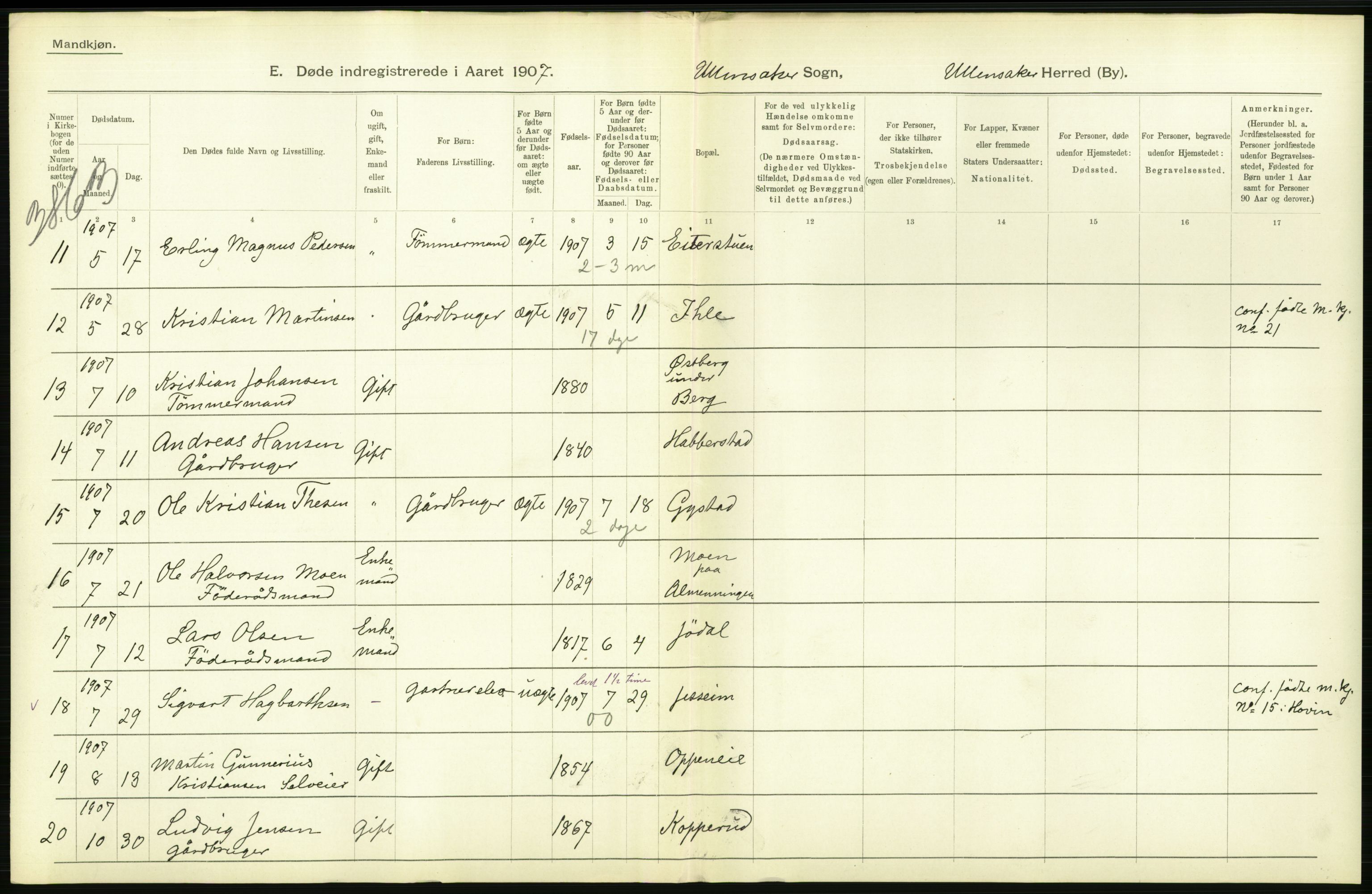 Statistisk sentralbyrå, Sosiodemografiske emner, Befolkning, RA/S-2228/D/Df/Dfa/Dfae/L0005: Akershus amt: Gifte, døde. Bygder og byer., 1907, p. 196