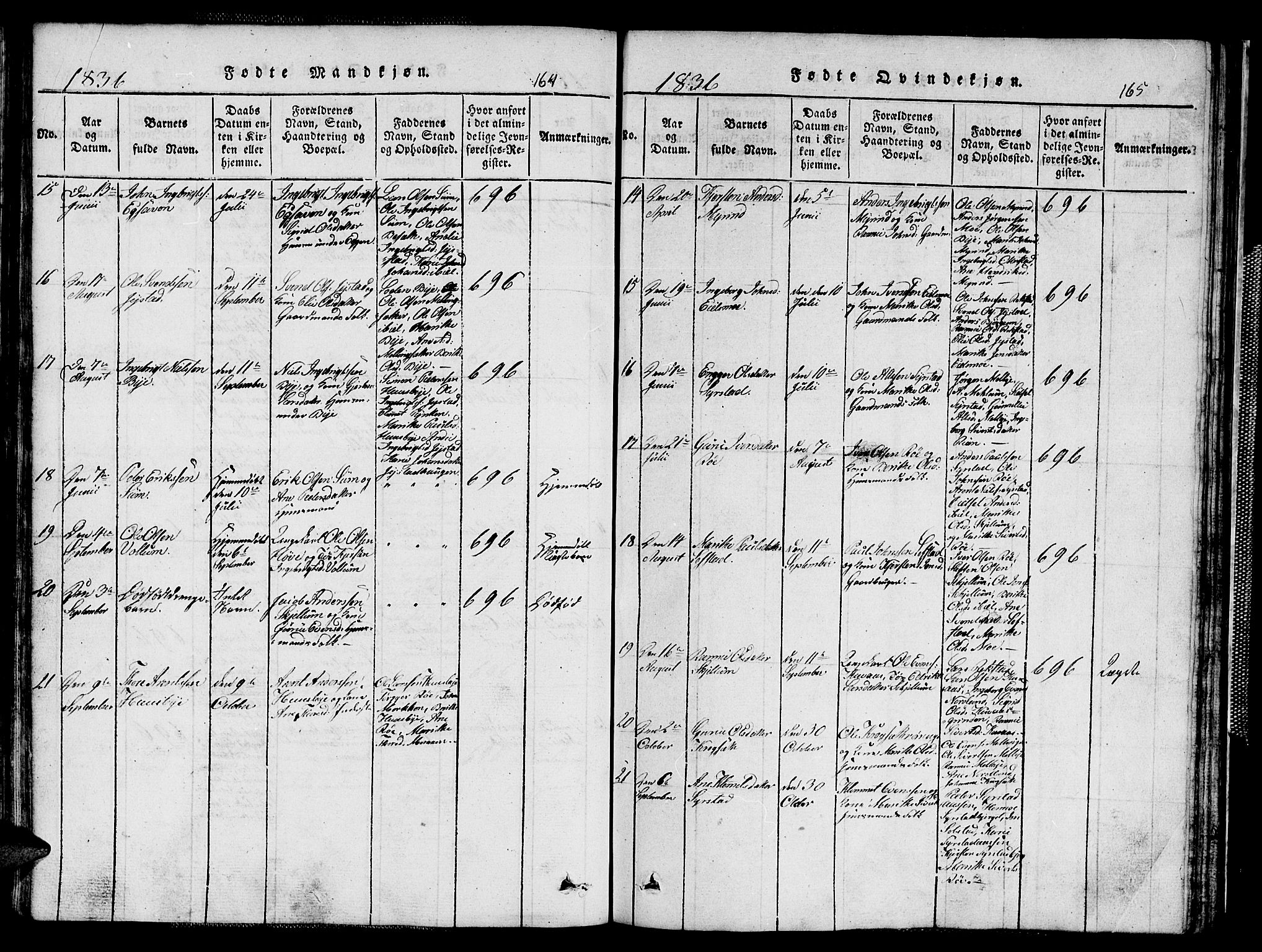 Ministerialprotokoller, klokkerbøker og fødselsregistre - Sør-Trøndelag, AV/SAT-A-1456/667/L0796: Parish register (copy) no. 667C01, 1817-1836, p. 164-165