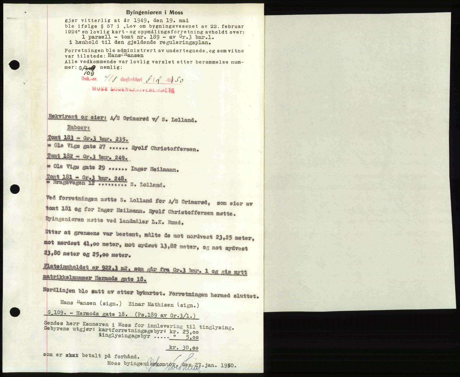 Moss sorenskriveri, SAO/A-10168: Mortgage book no. A25, 1950-1950, Diary no: : 418/1950