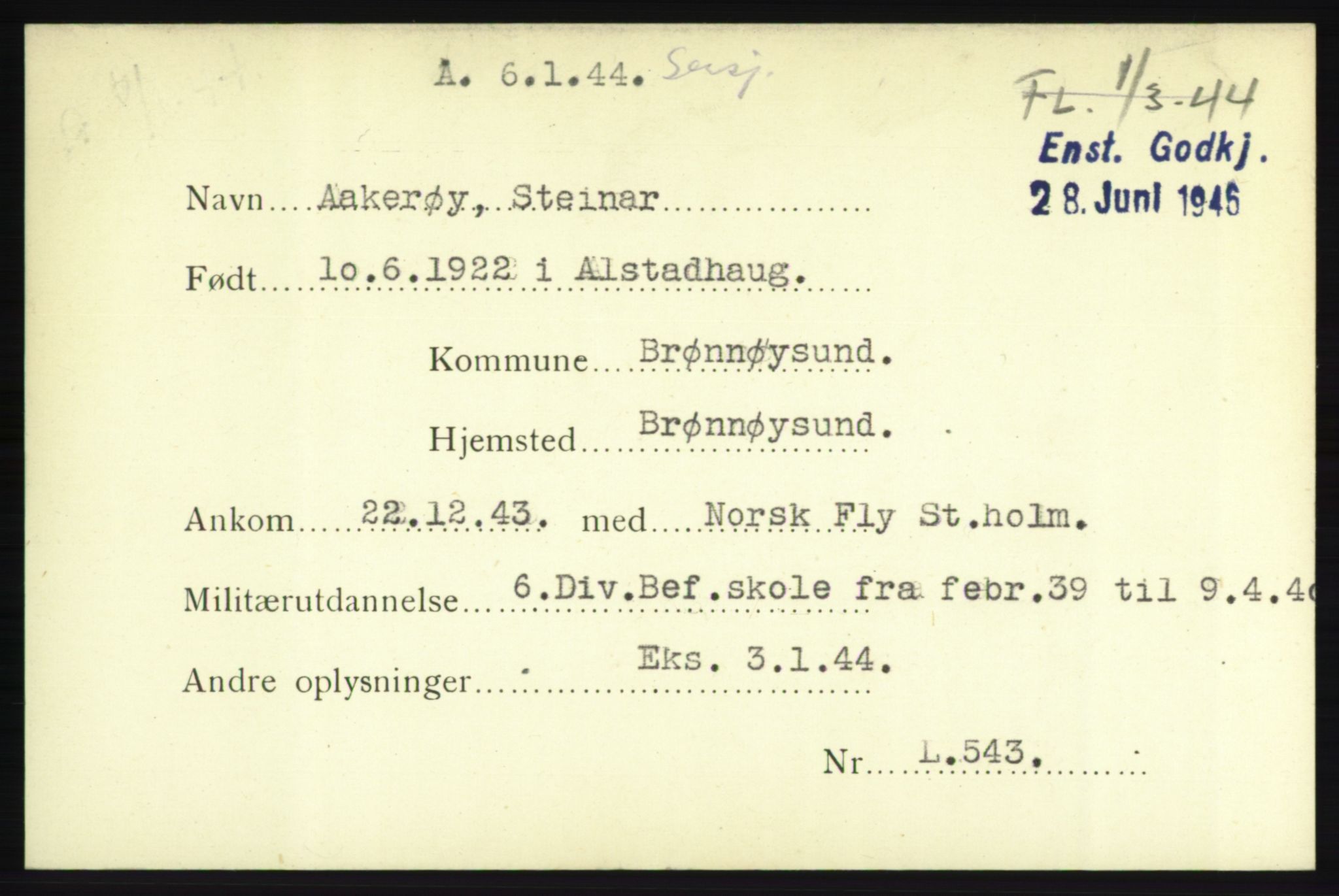 Forsvarets Overkommando. 2. kontor. Arkiv 8.1. Mottakersentralen FDE og FO.II, AV/RA-RAFA-6952/P/Pa/L0001: AA/Å - Andvig , 1940-1945, p. 27