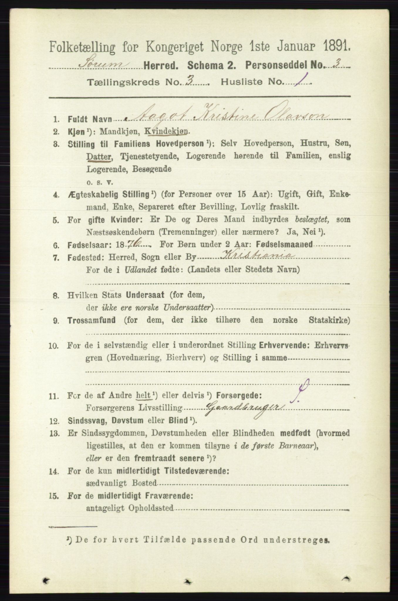 RA, 1891 census for 0226 Sørum, 1891, p. 1284