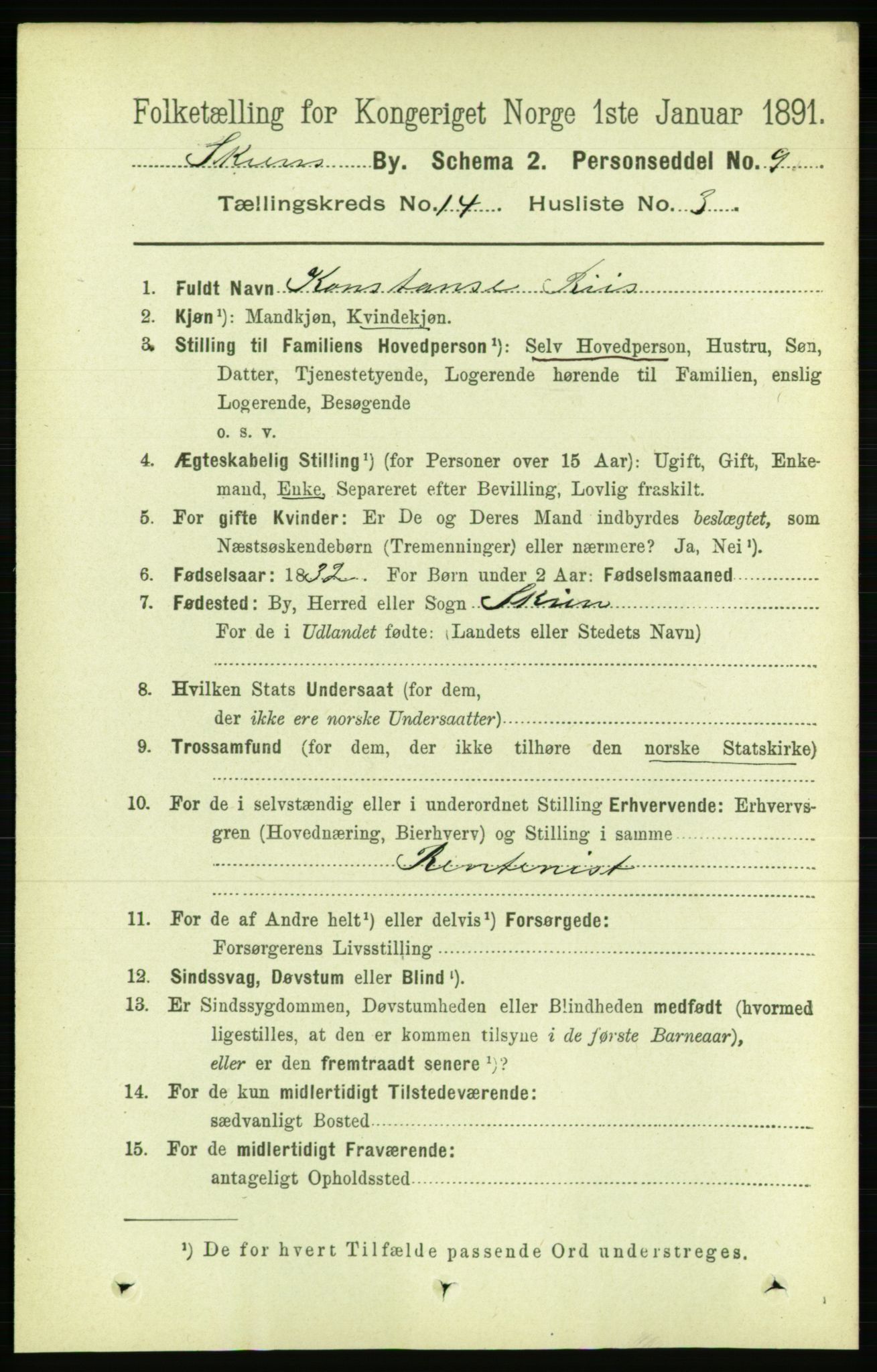 RA, 1891 census for 0806 Skien, 1891, p. 4297