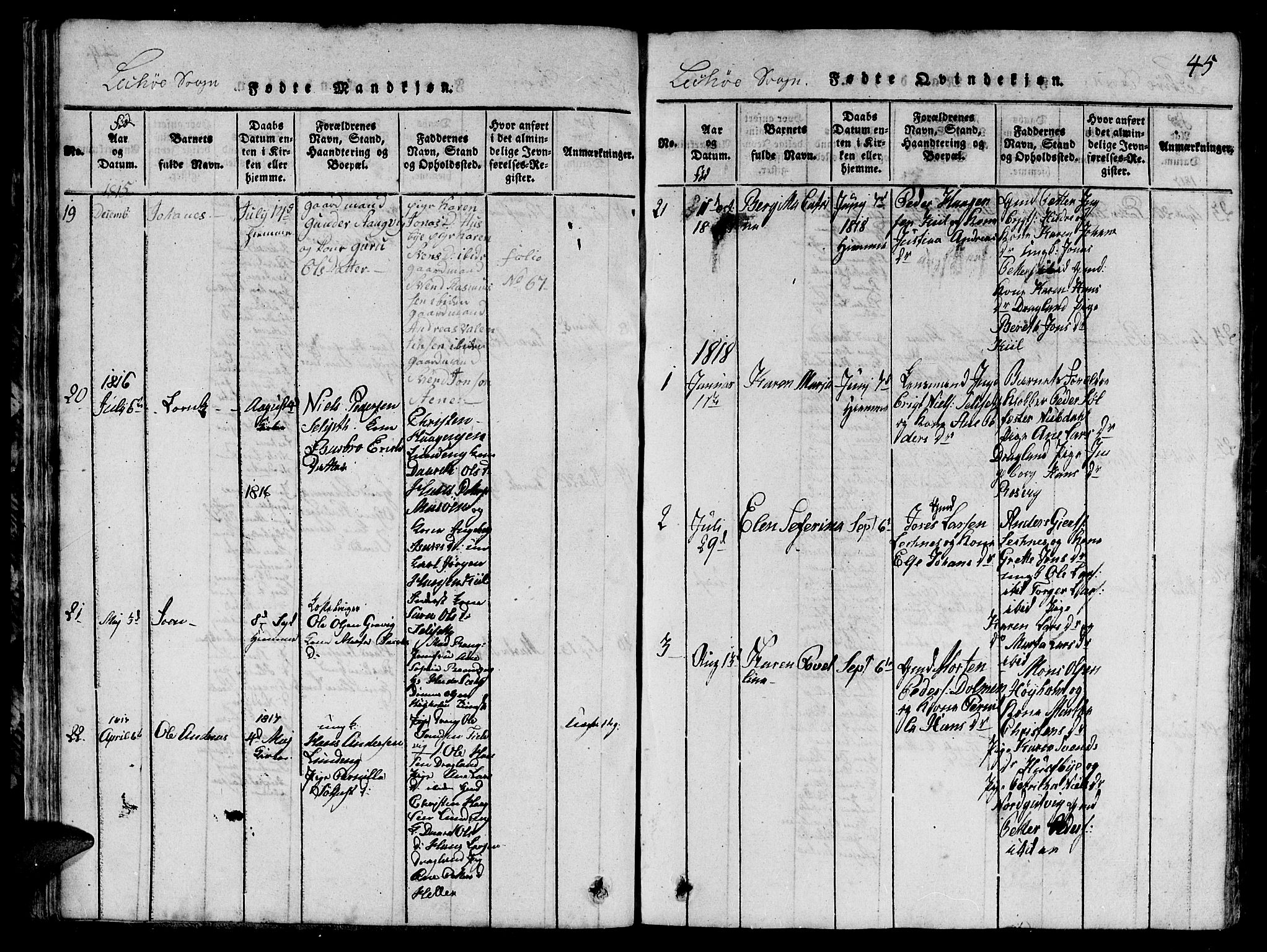 Ministerialprotokoller, klokkerbøker og fødselsregistre - Nord-Trøndelag, SAT/A-1458/780/L0648: Parish register (copy) no. 780C01 /2, 1815-1875, p. 45