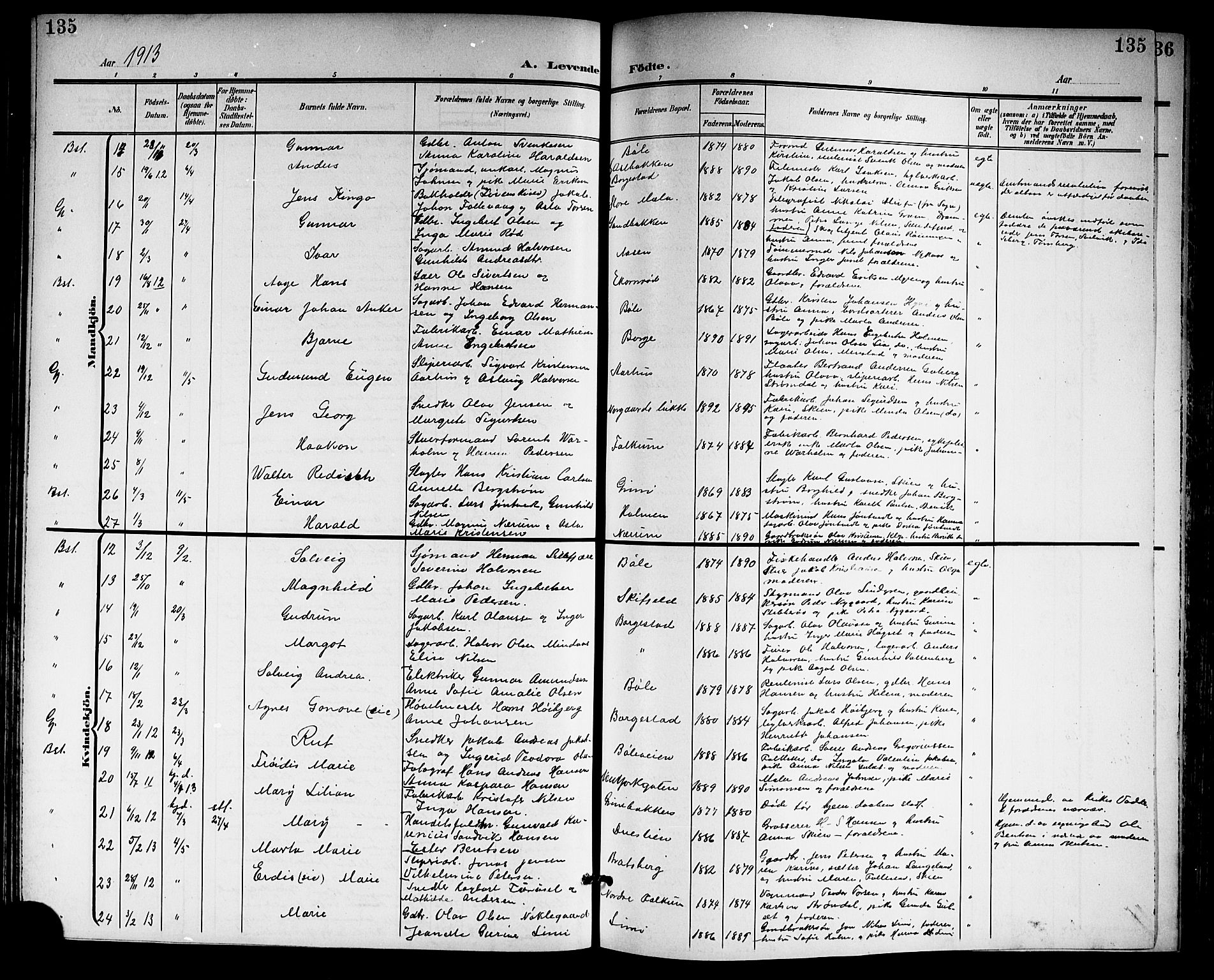 Gjerpen kirkebøker, SAKO/A-265/G/Ga/L0003: Parish register (copy) no. I 3, 1901-1919, p. 135