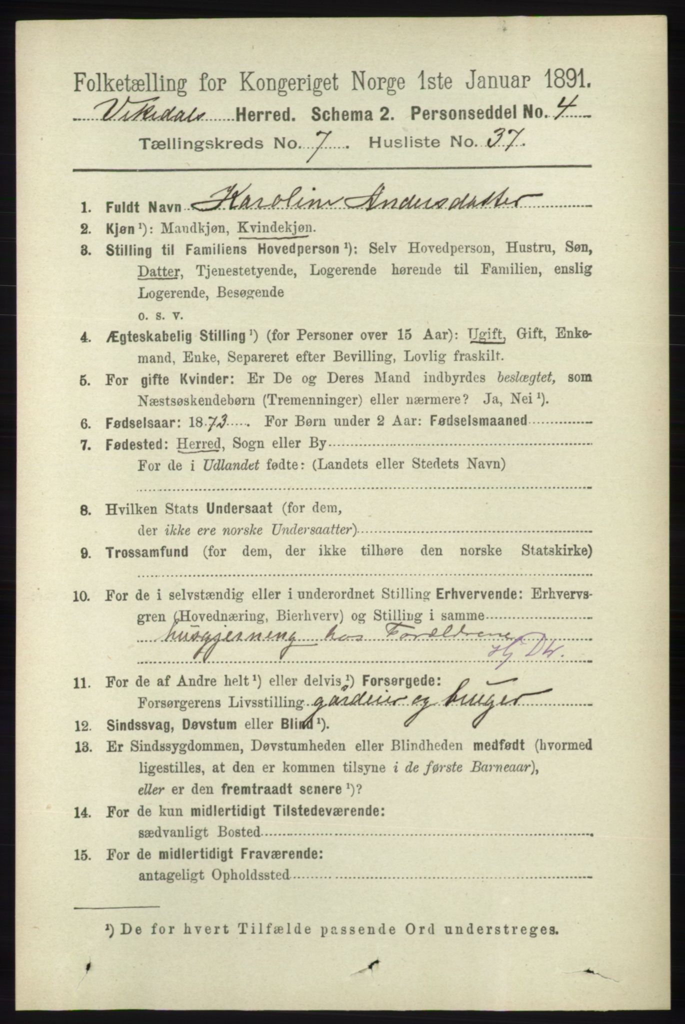 RA, 1891 census for 1157 Vikedal, 1891, p. 2189