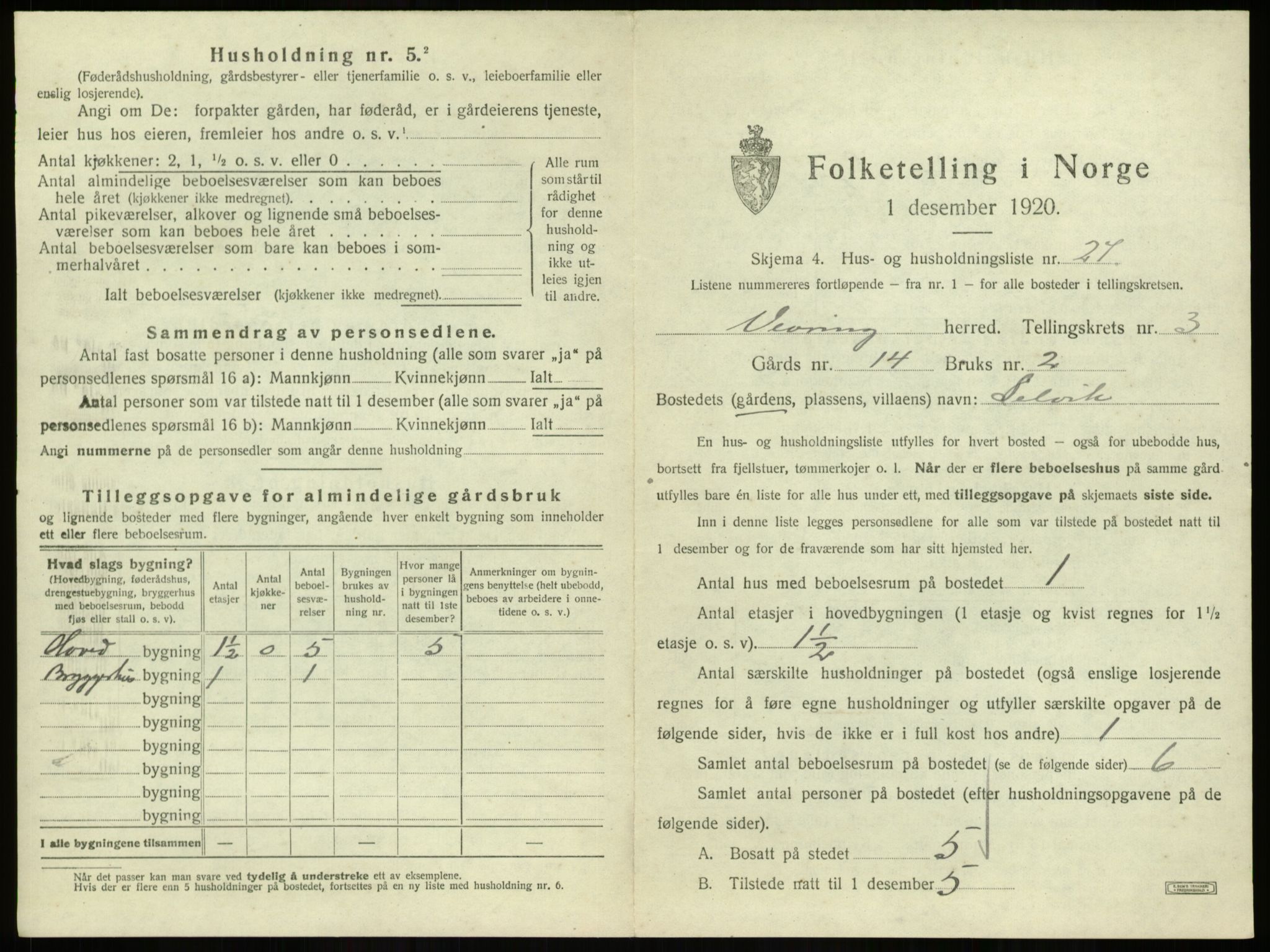 SAB, 1920 census for Vevring, 1920, p. 181