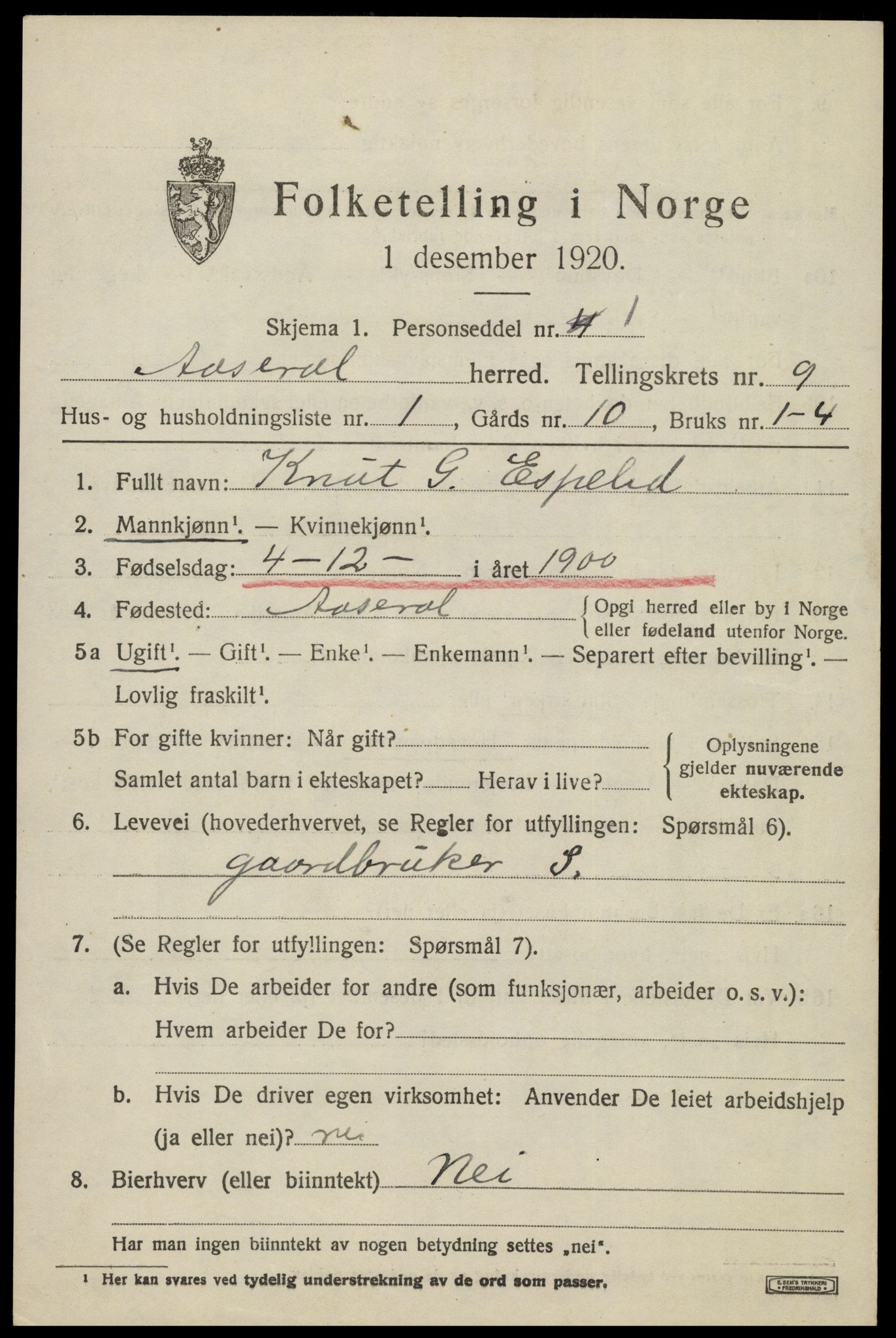 SAK, 1920 census for Åseral, 1920, p. 2762