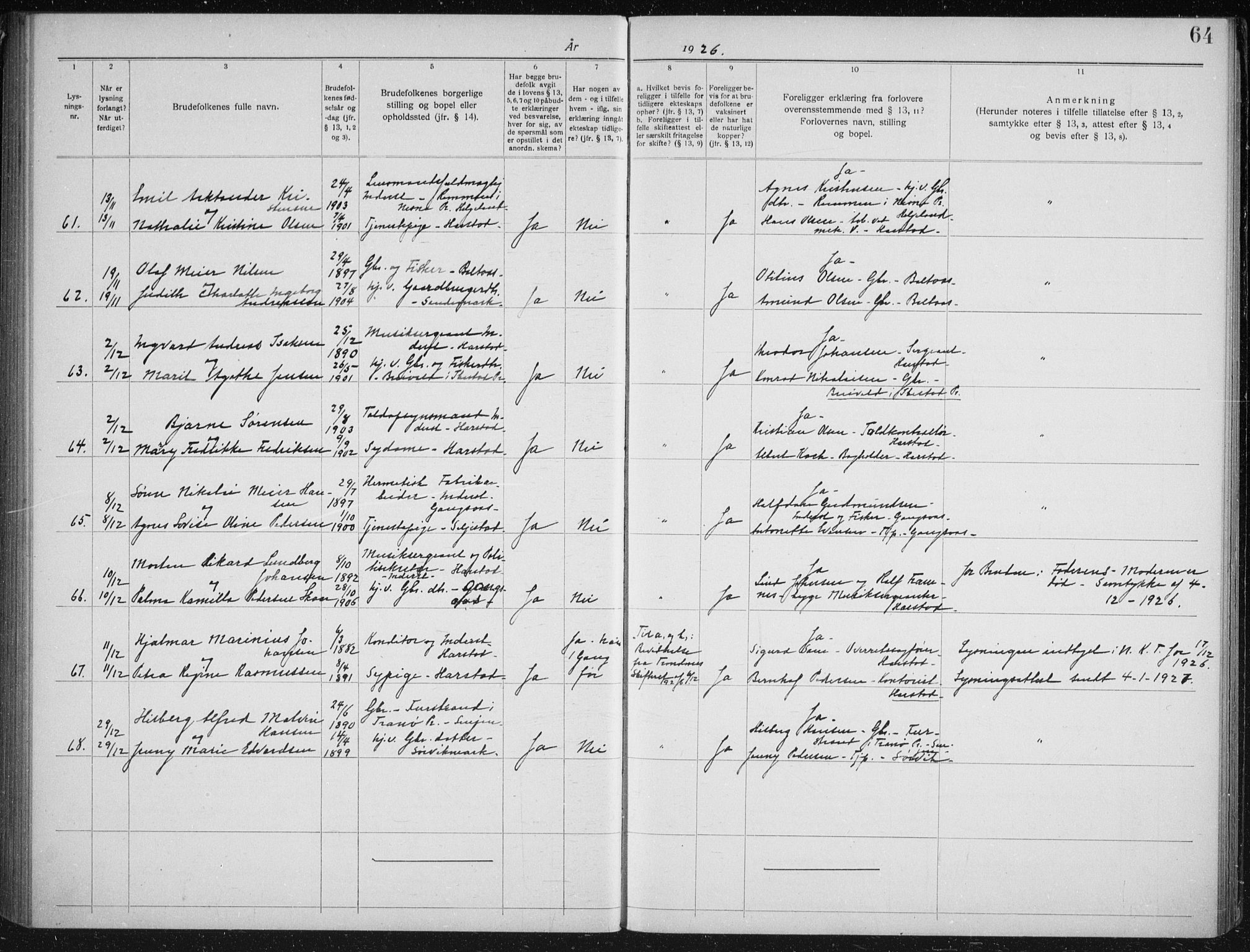 Trondenes sokneprestkontor, AV/SATØ-S-1319/I/Ib/L0099: Banns register no. 99, 1919-1930, p. 64