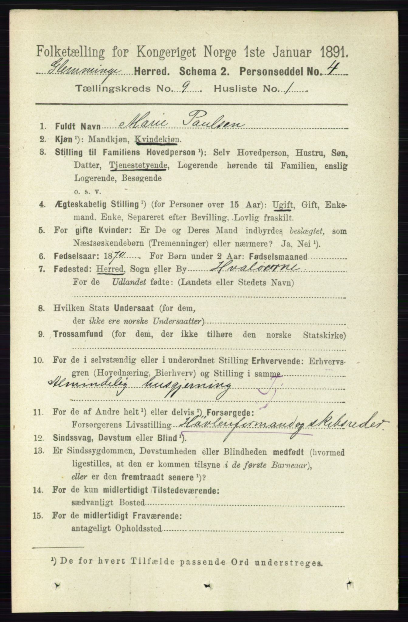 RA, 1891 census for 0132 Glemmen, 1891, p. 9586