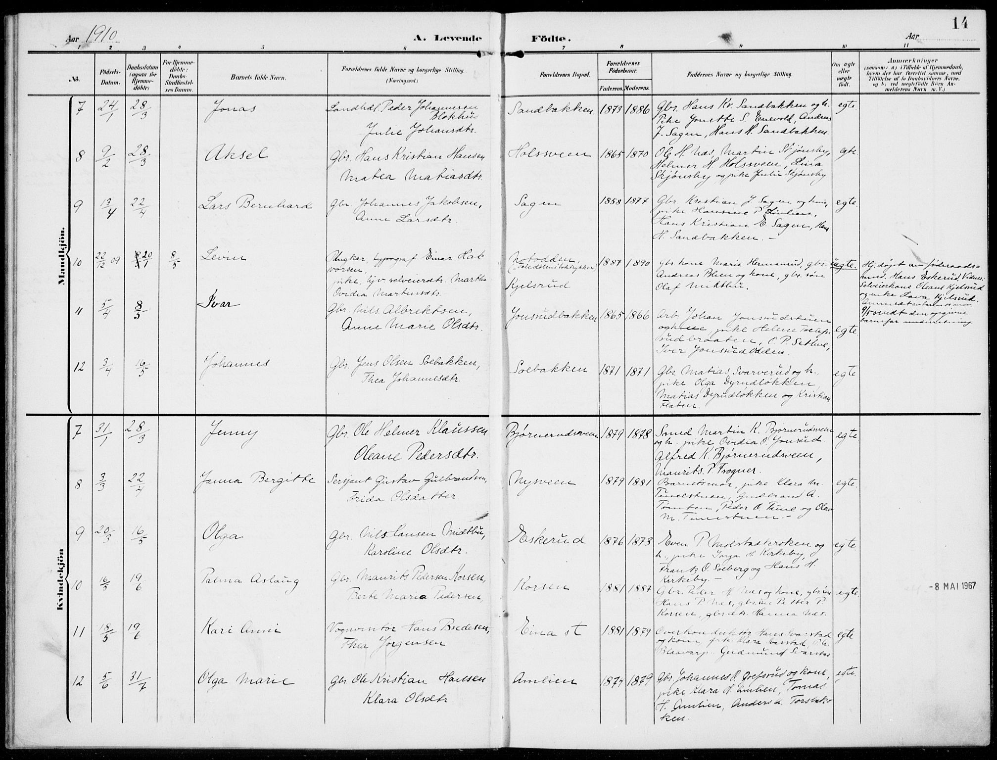 Kolbu prestekontor, SAH/PREST-110/H/Ha/Haa/L0001: Parish register (official) no. 1, 1907-1923, p. 14