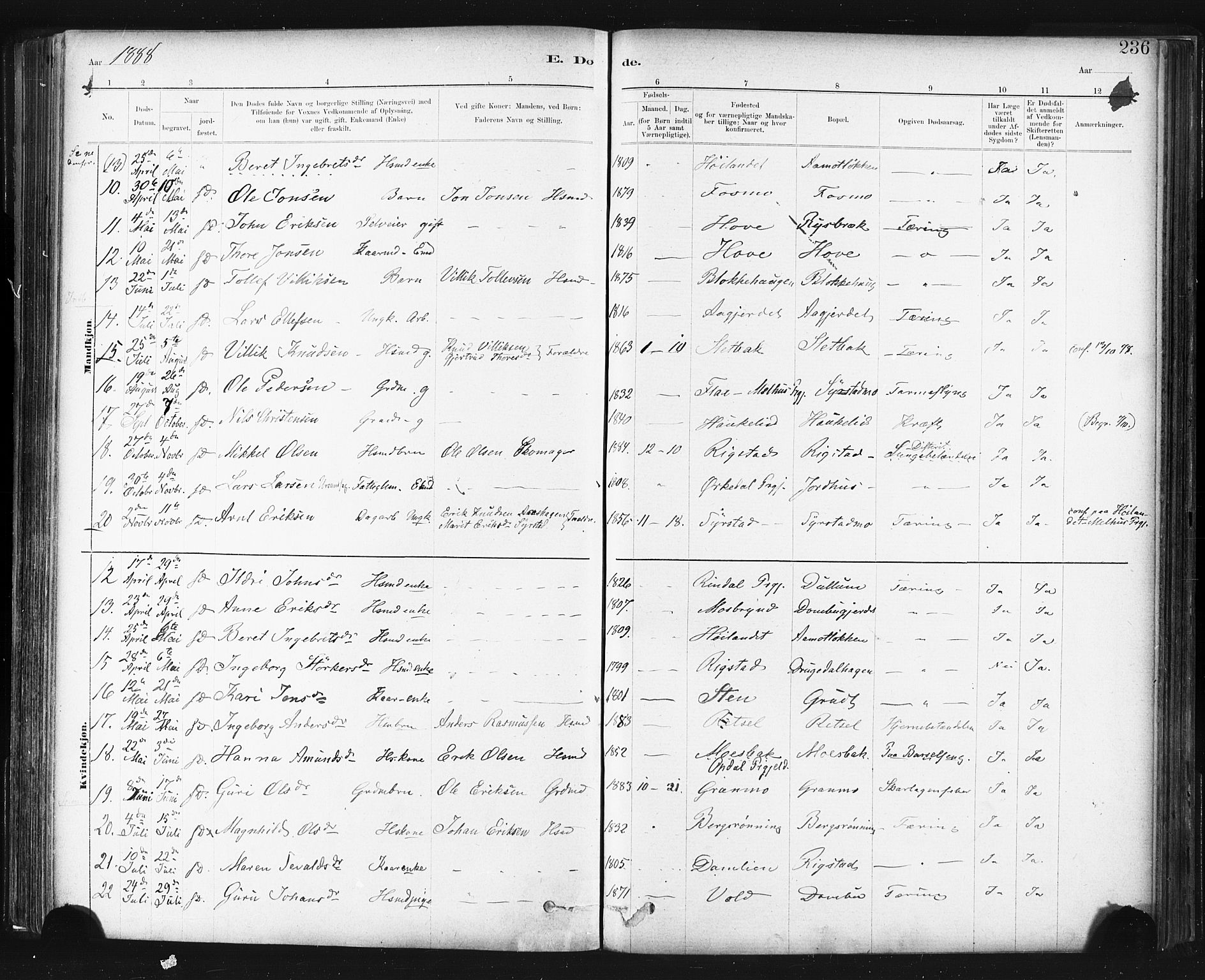 Ministerialprotokoller, klokkerbøker og fødselsregistre - Sør-Trøndelag, SAT/A-1456/672/L0857: Parish register (official) no. 672A09, 1882-1893, p. 236
