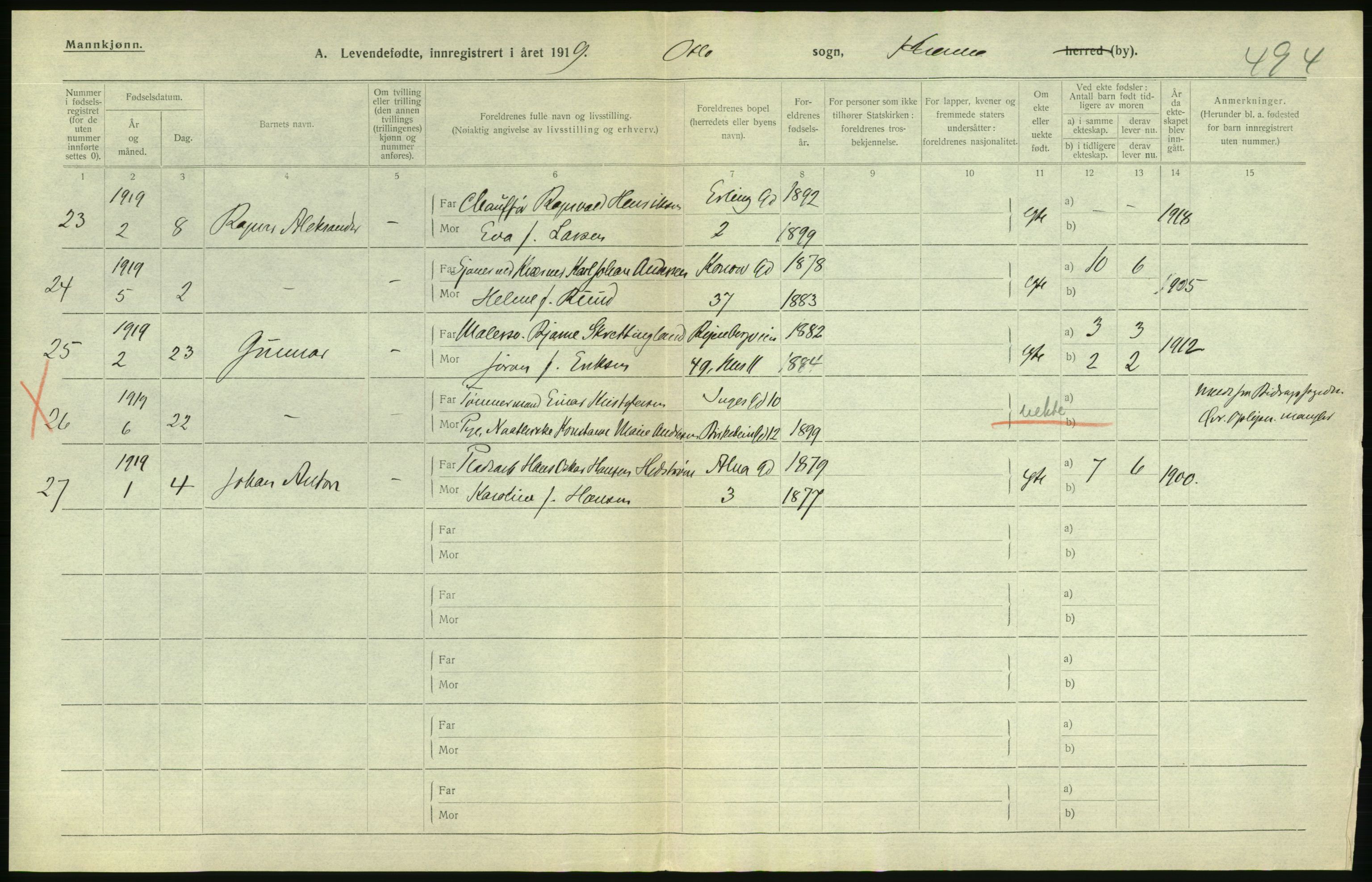 Statistisk sentralbyrå, Sosiodemografiske emner, Befolkning, AV/RA-S-2228/D/Df/Dfb/Dfbi/L0008: Kristiania: Levendefødte menn og kvinner., 1919